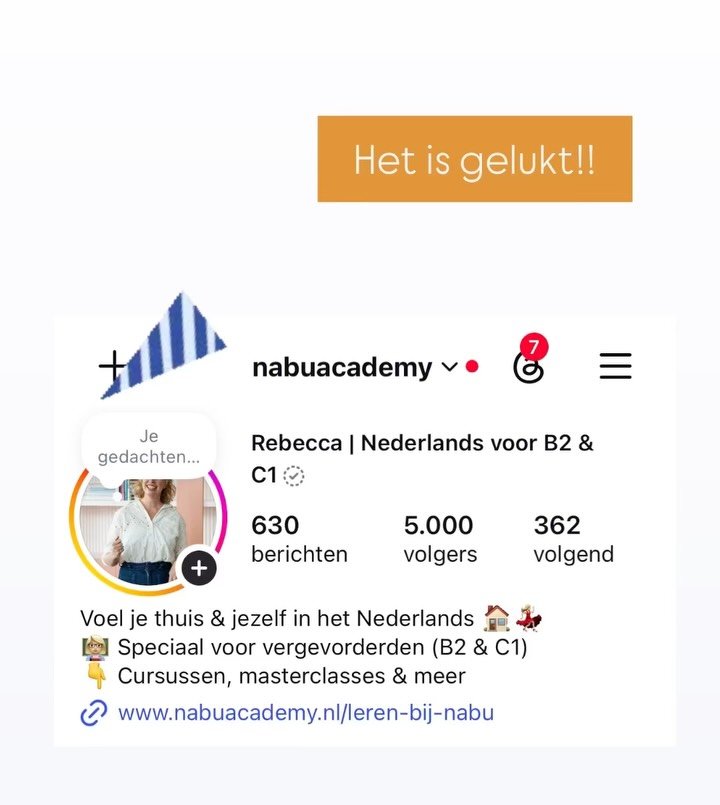 5000 mensen volgen Nabu academy op Instagram.

Ik weet niet of jij dat veel of weinig vindt. Maar ik weet zeker dat de Rebecca van 5 jaar geleden dat ENORM zou vinden. 

Die Rebecca:
- had een knoop in haar maag op het moment dat ze een story postte
