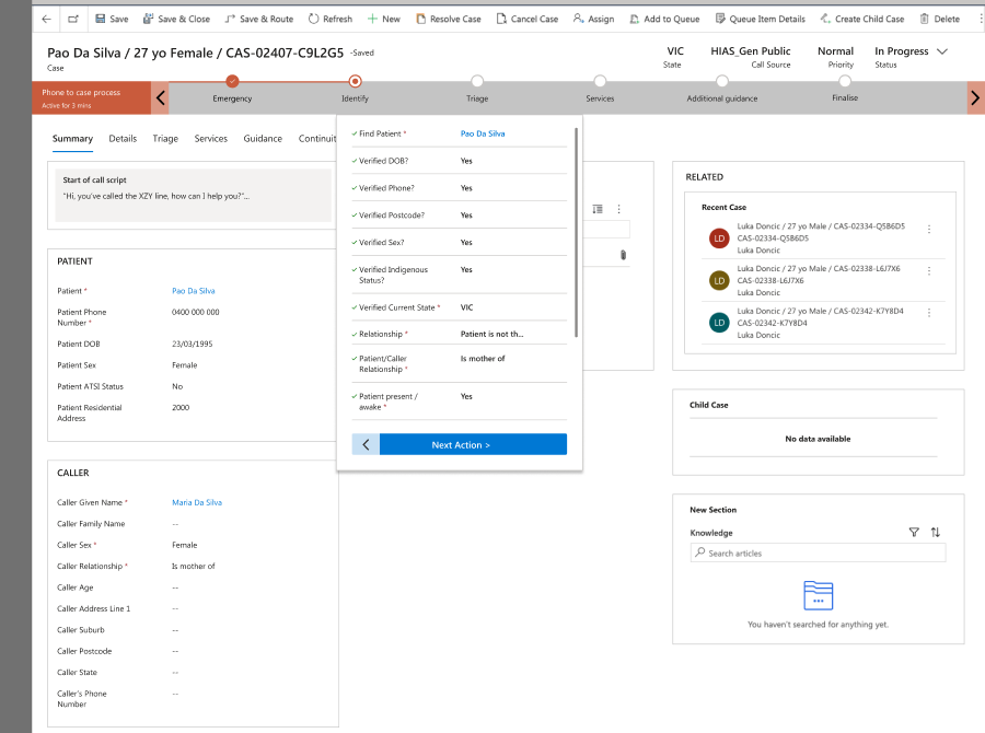 Healthcare Service Client - Call overview page