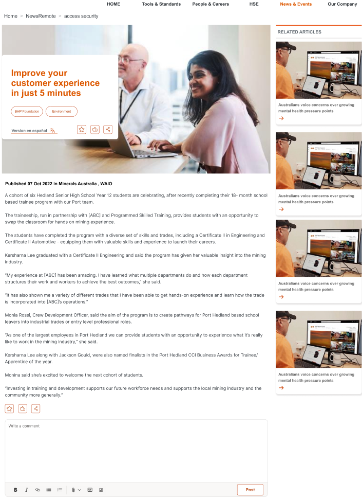 Mining Client - Intranet news article page