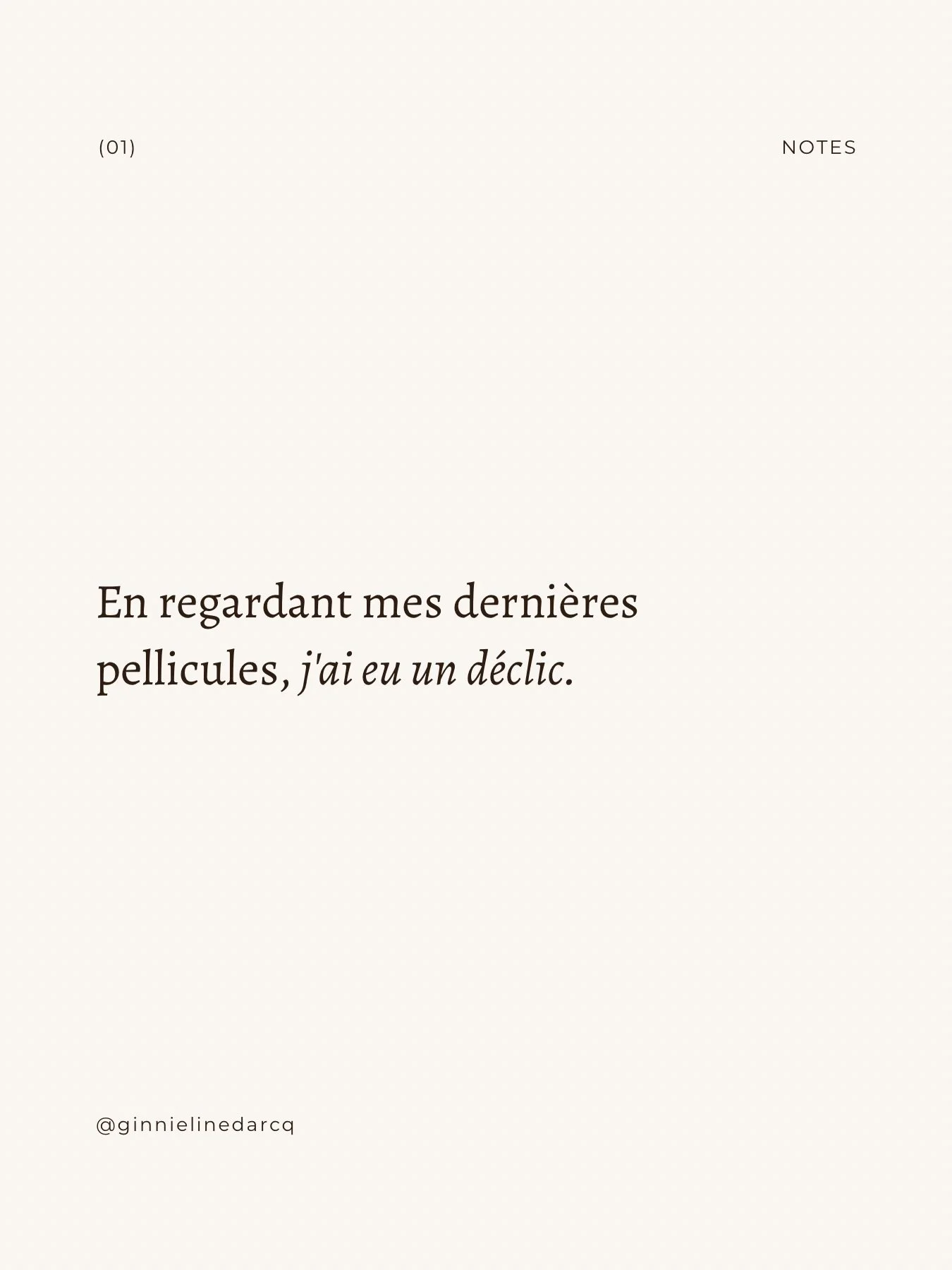 En regardant mes derni&egrave;res pellicules, j&rsquo;ai eu un d&eacute;clic. 

&Agrave; vouloir trop forcer la recherche du &laquo;&nbsp;beau&nbsp;&raquo;, j&rsquo;ai parfois oubli&eacute; de capturer ce qu&rsquo;il y a de plus fugace et de plus pr&