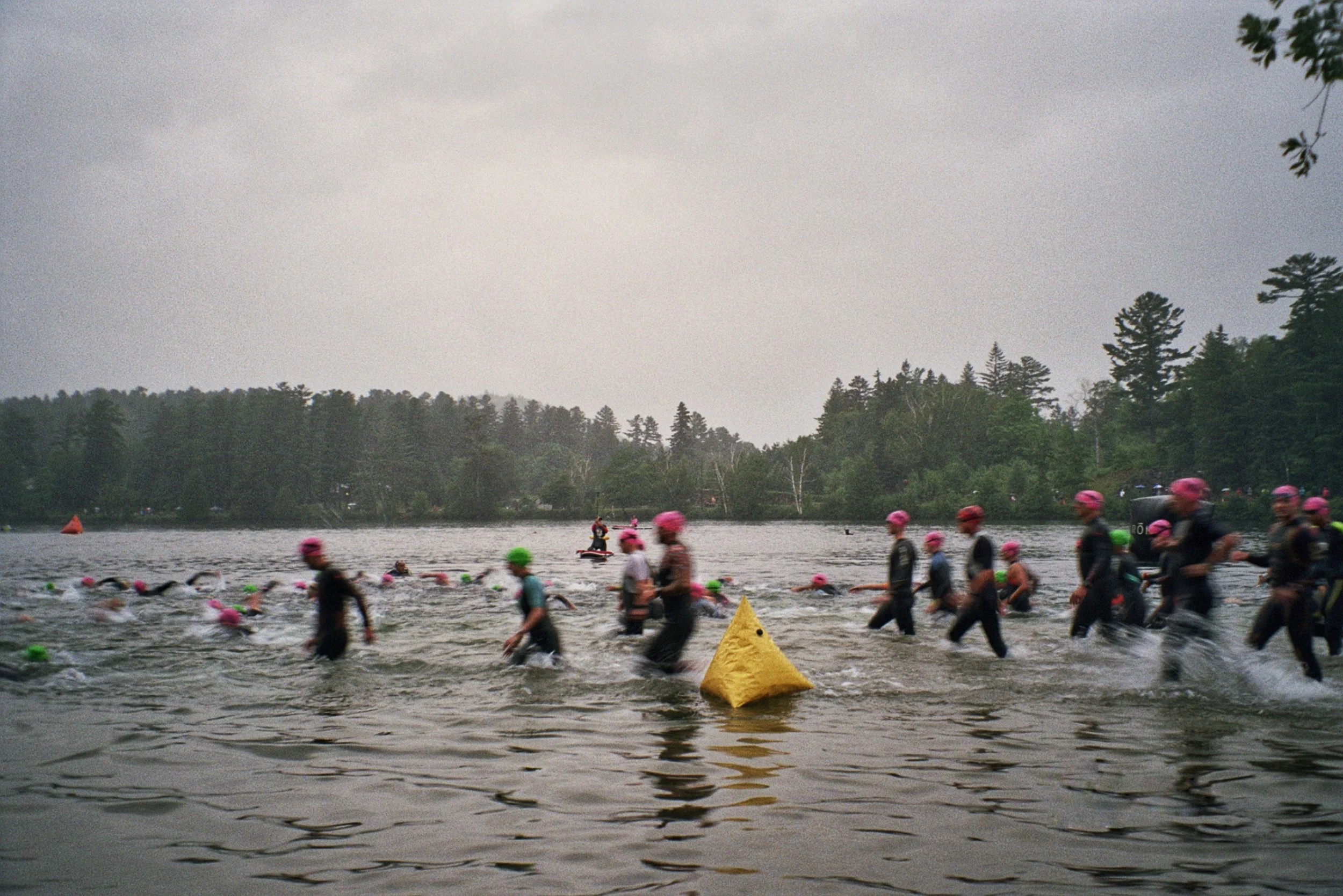 Participants in a swimming race at a lake, wearing pink swim caps and wetsuits, with some entering the water and others swimming, surrounded by trees and overcast sky.