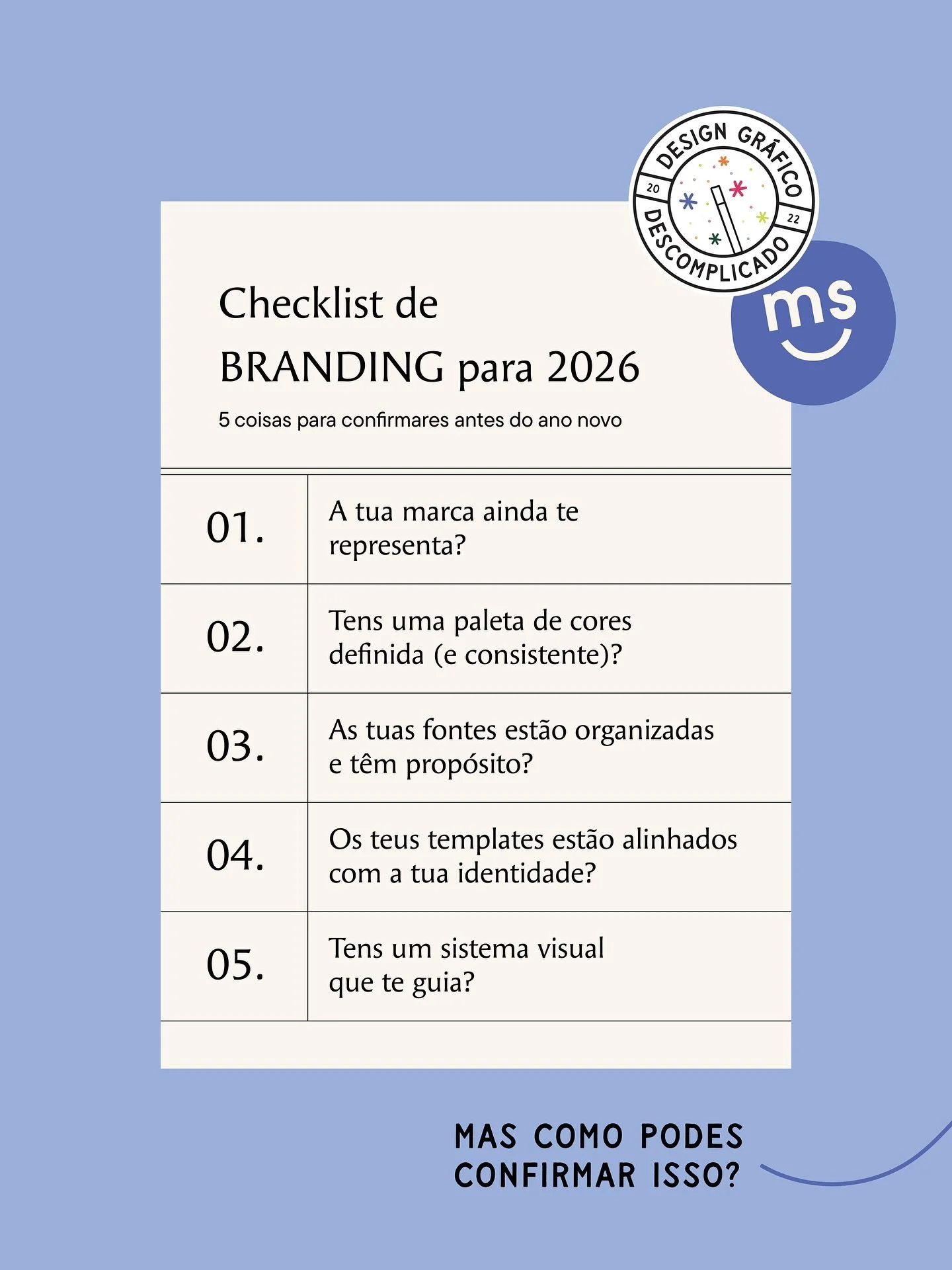 N&atilde;o esperes por 2026 para descobrir que o teu branding n&atilde;o est&aacute; a trabalhar por ti. Rev&ecirc; agora, ajusta agora, alinha agora.

Esta checklist &eacute; o empurr&atilde;o perfeito para entrares no novo ano com uma marca mais fo