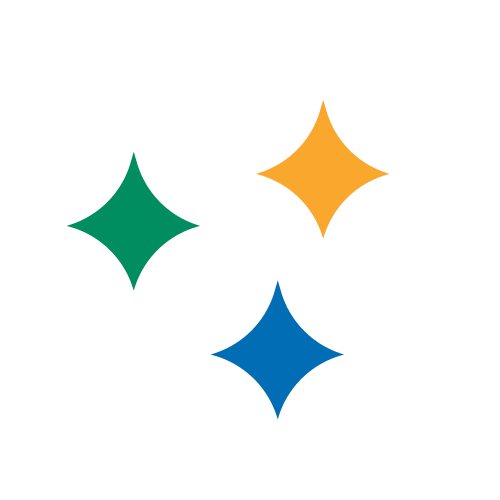 Three colorful stars in green, orange, and blue set against a black background.