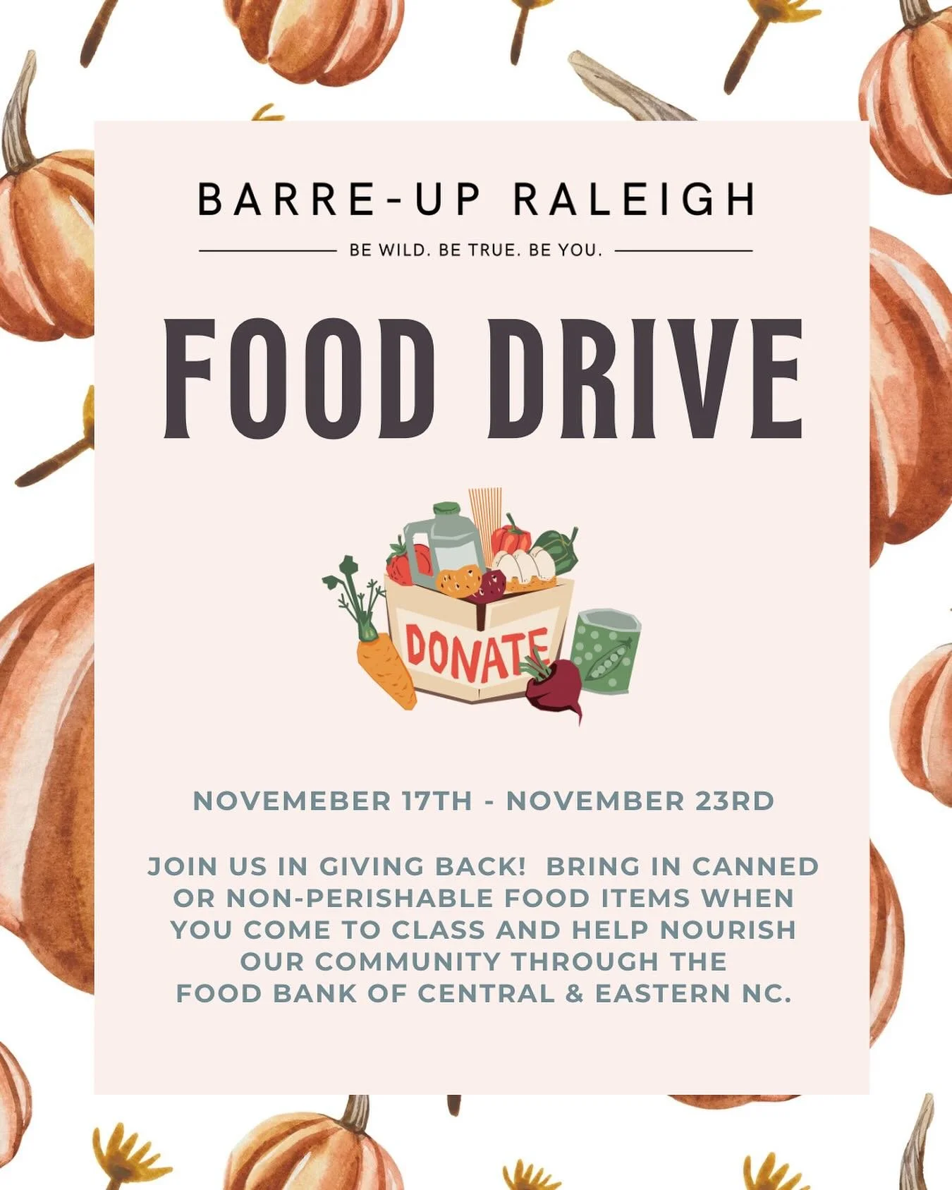 As we care for ourselves, let&rsquo;s also care for others. 🕊️

Starting Monday, November 17th - drop off canned or non-perishable foods when you come to class! 

All donations will serve the Food Bank of Central &amp; Eastern NC [ @foodbankcenc ] a