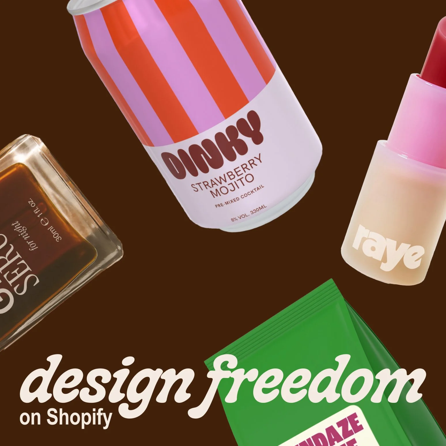 Close-up of various colorful products, including a striped label can labeled "Doodle" Strawberry Mojito, a pink lipstick, a brown bottle labeled "Serrano" hot sauce, a green package, and part of a pink sticker with the word "raye" visible. Background is dark brown with text that reads "design freedom on Shopify".