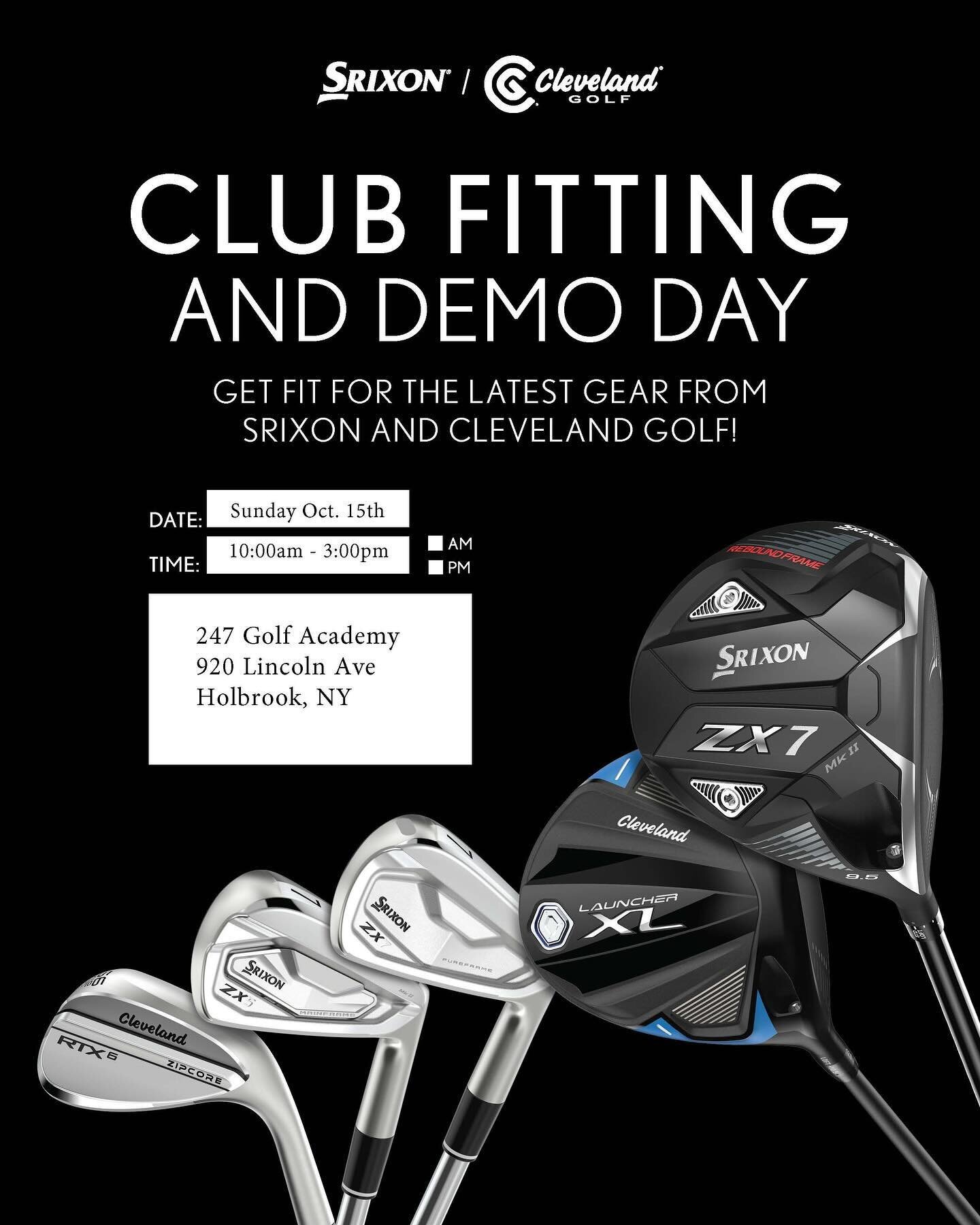 FREE Cleveland/Srixon Club fitting and demo day. This Sunday October 15th, 10am-3pm. 30 minute sessions available to book online through our website, send us a DM or call 631-319-1075. Try before you buy!