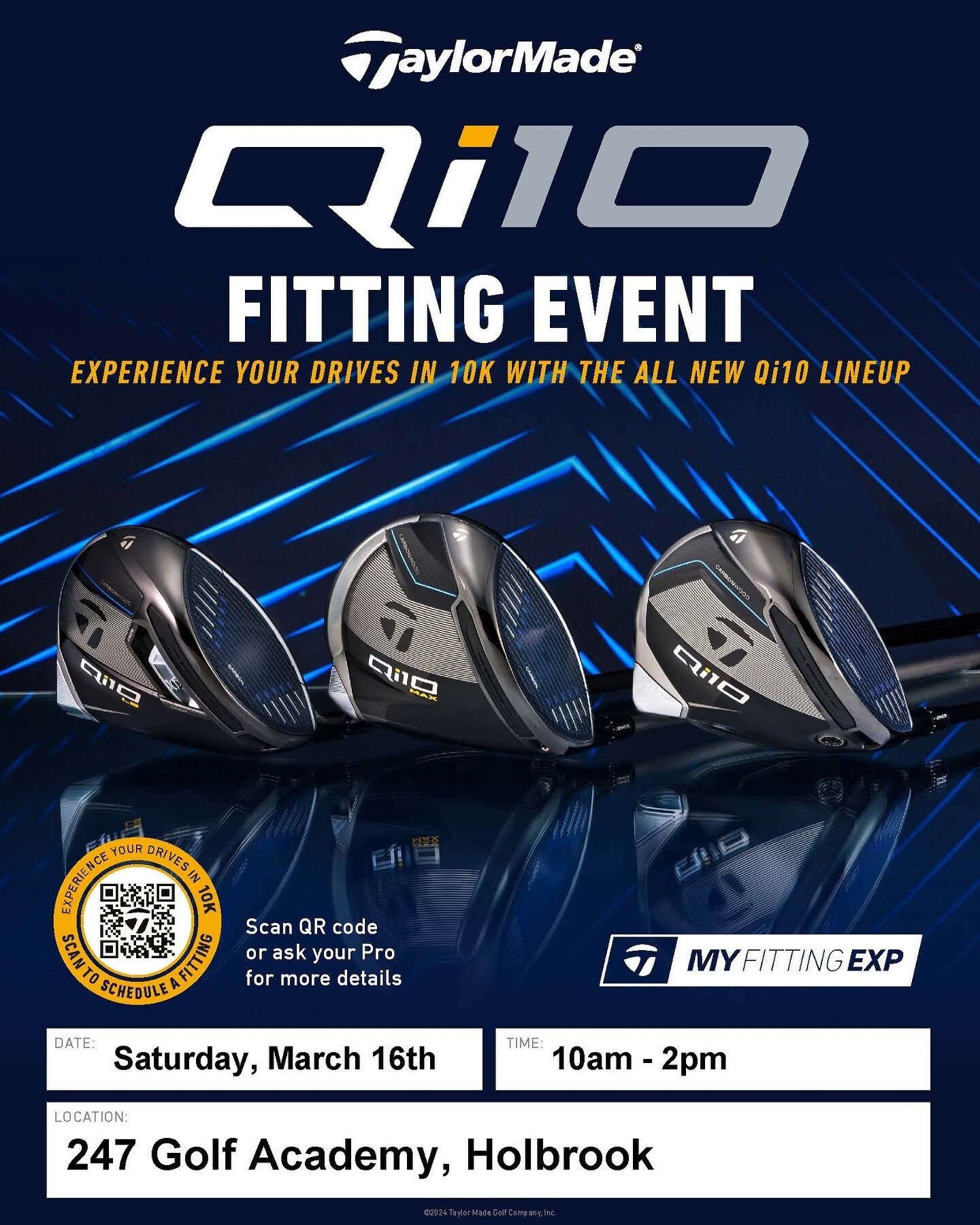TM Demo Day March 16th! Try out the newest Taylor Made equipment including the new Qi10 Driver. 

$25/30 minute session. $50/hour. 
Purchase any club that day and receive your full demo fee towards the purchase. 

Reserve your spot online through our