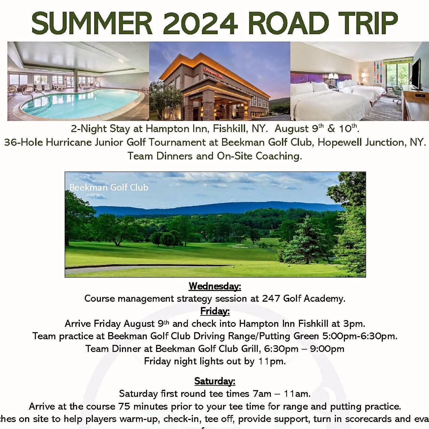 **2024 Summer Road Trip Announced!**
Join our group of coaches and players for a weekend upstate competing in the @hurricanejrgolf tournament at Beekman Golf Club, Hopewell Junction. 

Take advantage of our package discount which includes, HJGT Tourn