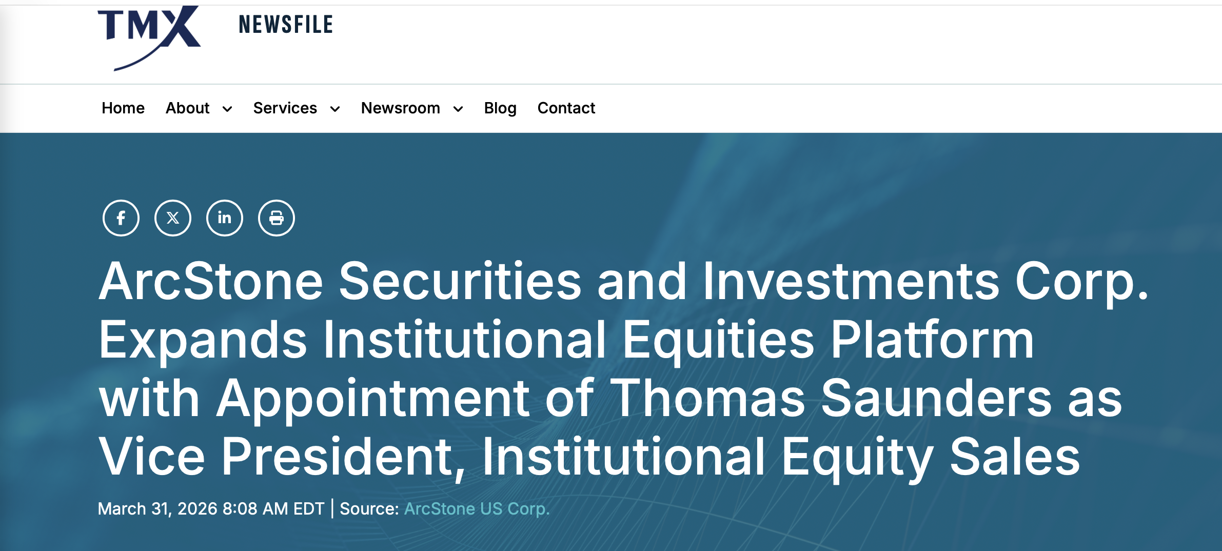ArcStone Securities and Investments Corp. Expands Institutional Equities Platform with Appointment of Thomas Saunders as Vice President, Institutional Equity Sales