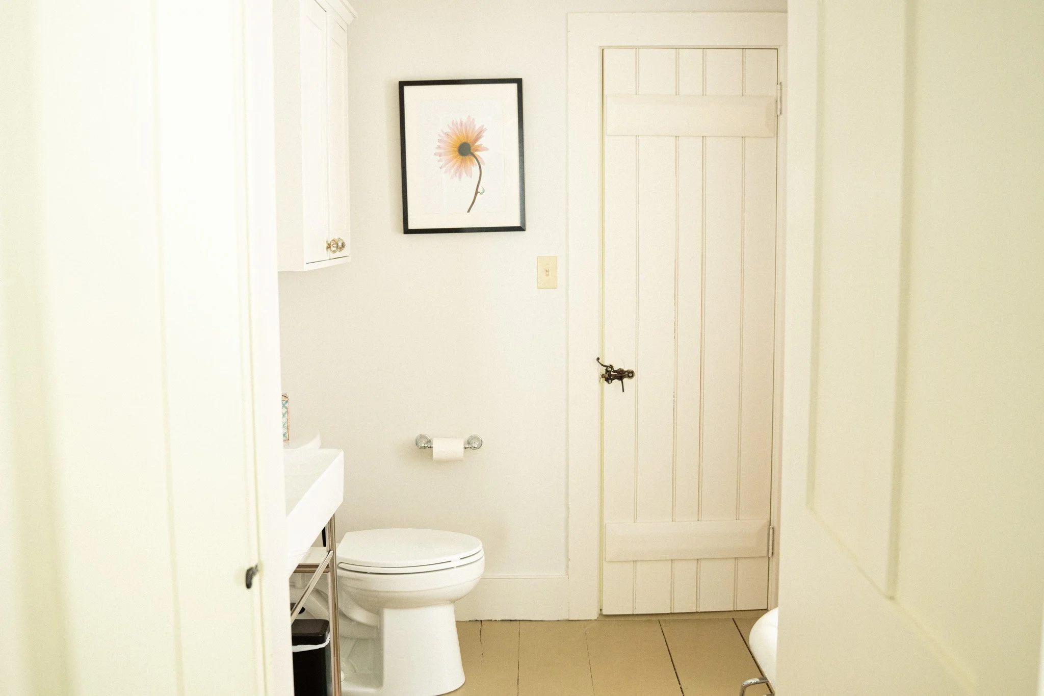 A small bathroom with a white toilet, a framed flower picture on the wall, a wood door with a latch, and a white cabinet.