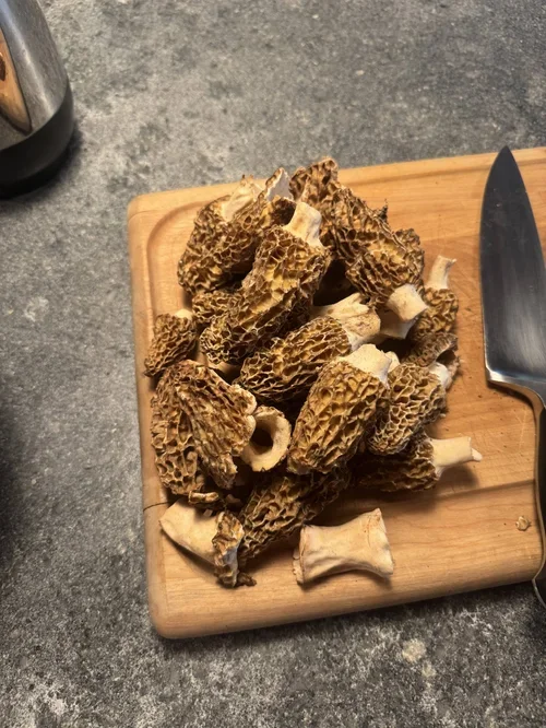 A wooden cutting board with fresh dried morel mushrooms and a chef's knife on a gray countertop.