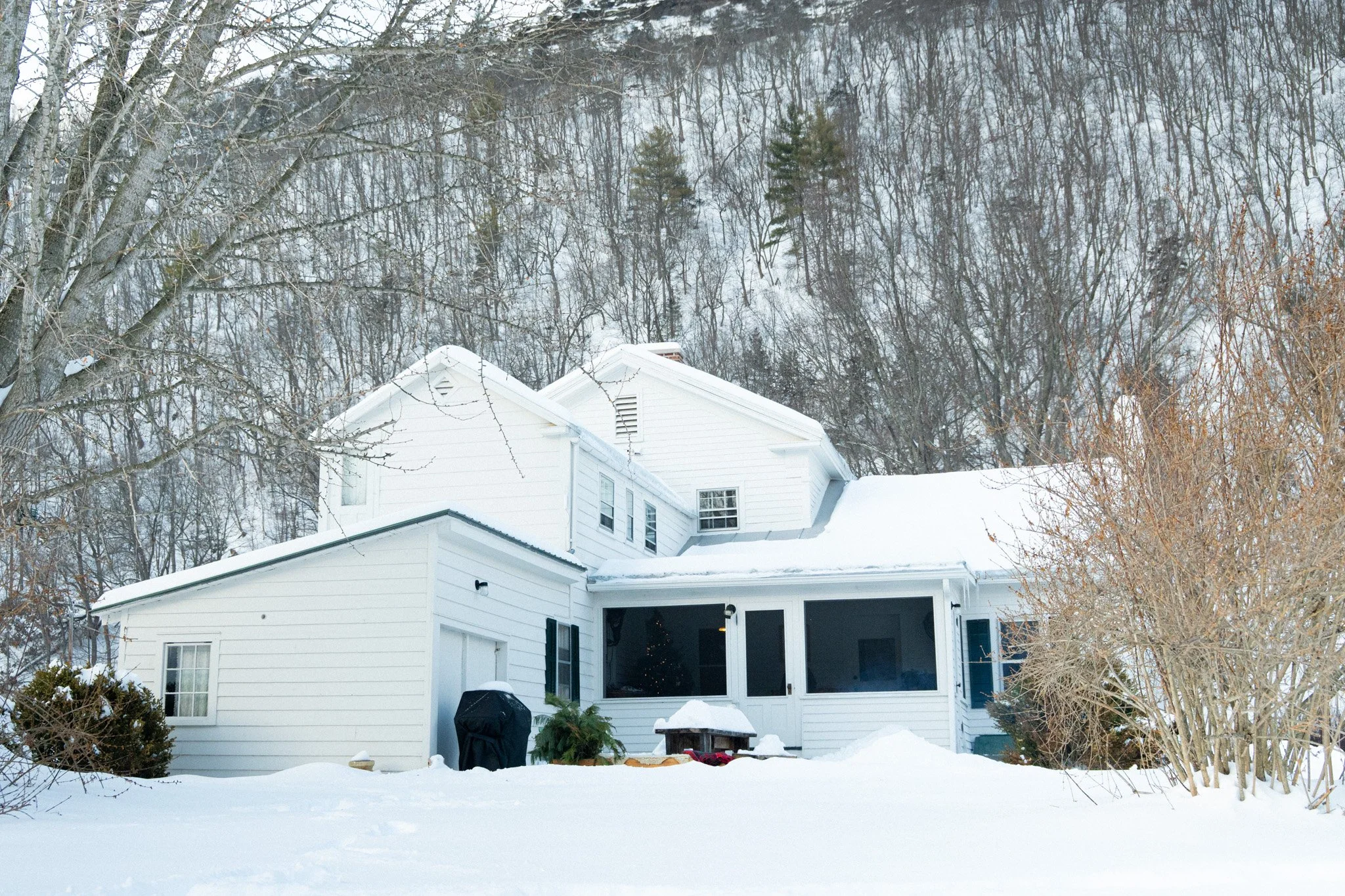 A white house surrounded by snow with leafless trees in the background and snow-covered bushes and lawn in the foreground.