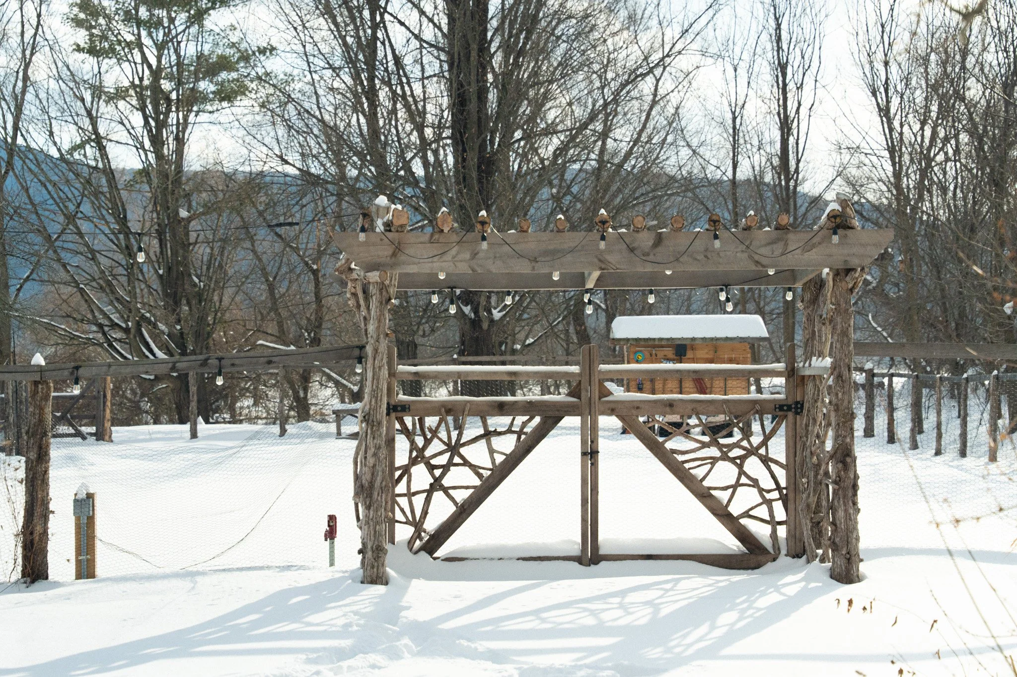 Snow-covered backyard with a wooden play structure, trees, and a small shed in the background.