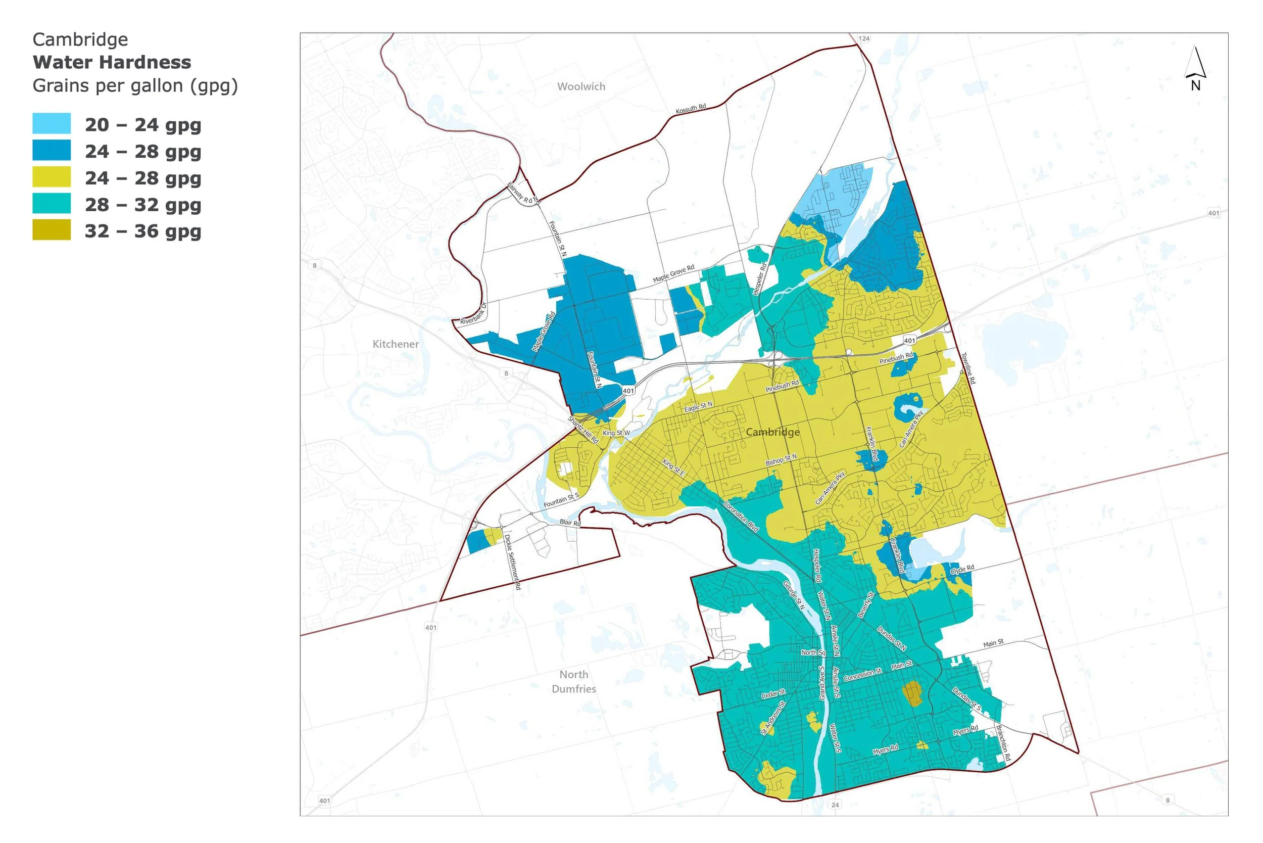 A map of Cambridge, Ontario displaying the hardness of water throughout the region.