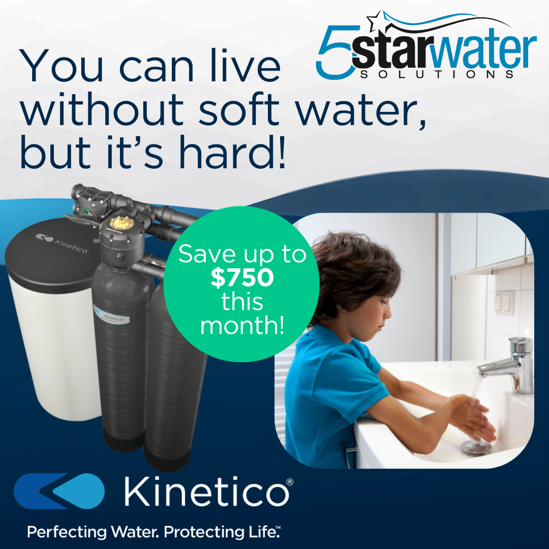 Advertisement for Kinetico water solutions showing a water filtration system, a child washing hands at a sink, and text highlighting savings of up to $750 a month.