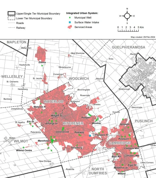 Map of Municipal Wells in the Region of Waterloo including Waterloo, Kitchener, and Cambridge