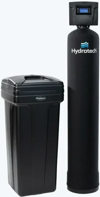 An image of the Hydrotech HT89 Series Water Softener with a Hydrotech brand jacket on the Water Softener, with a Hydrotech Salt Bin beside it.