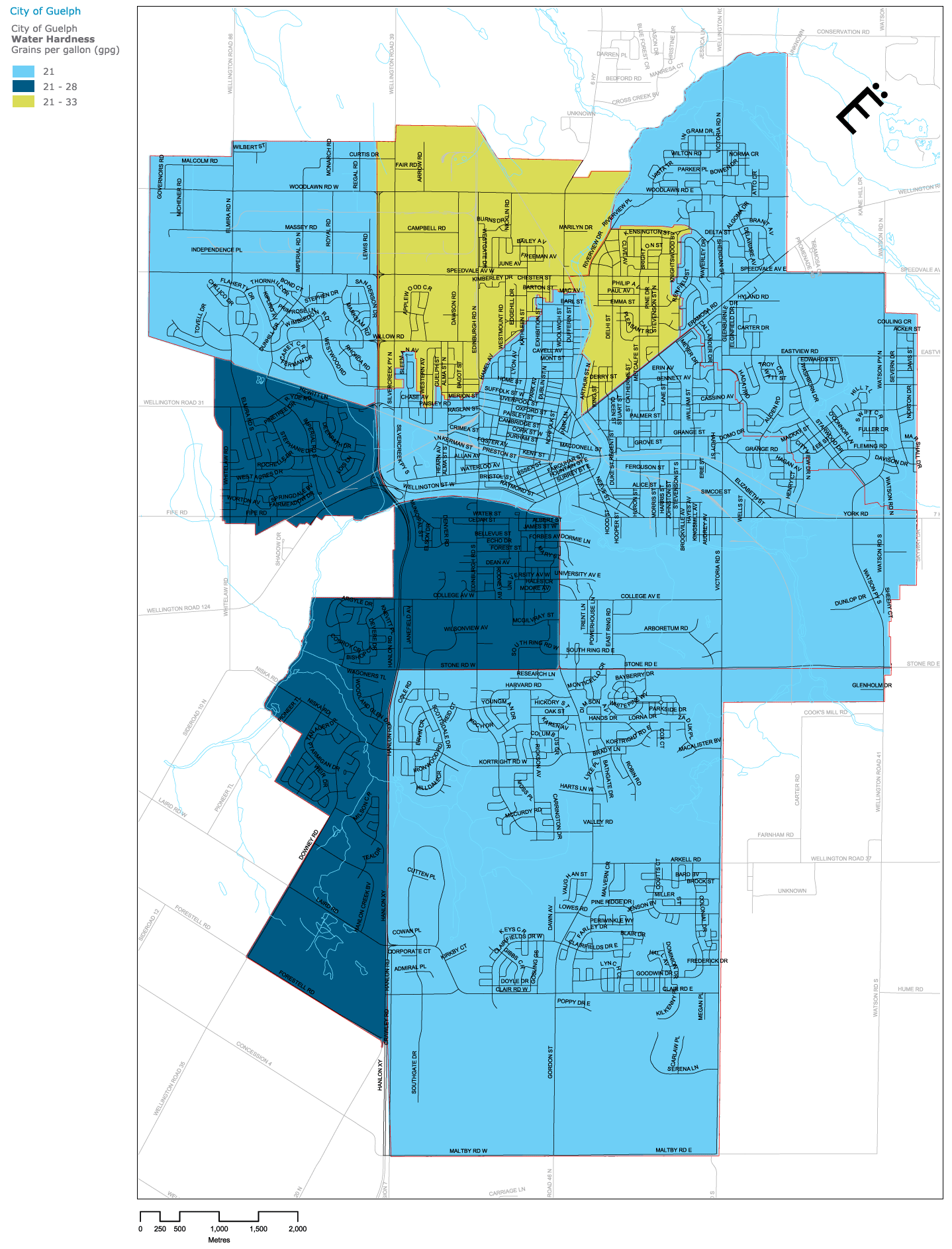 An image of the water hardness map in Guelph, Ontario.