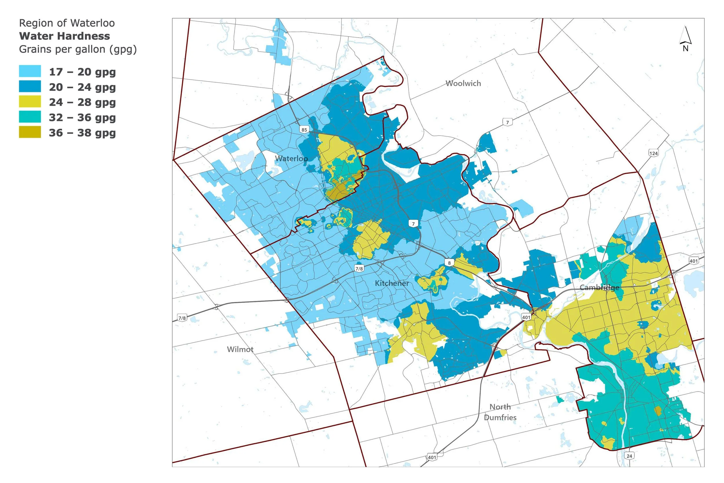 An image of a map of Waterloo Region(Kitchener, Waterloo, Cambridge) showing the different levels of water hardness in the area.