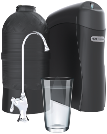 An image of a Kinetico K5 Reverse Osmosis Drinking Water System on the right, a black water storage tank on the left, a chrome water faucet and a glass of water in the front.