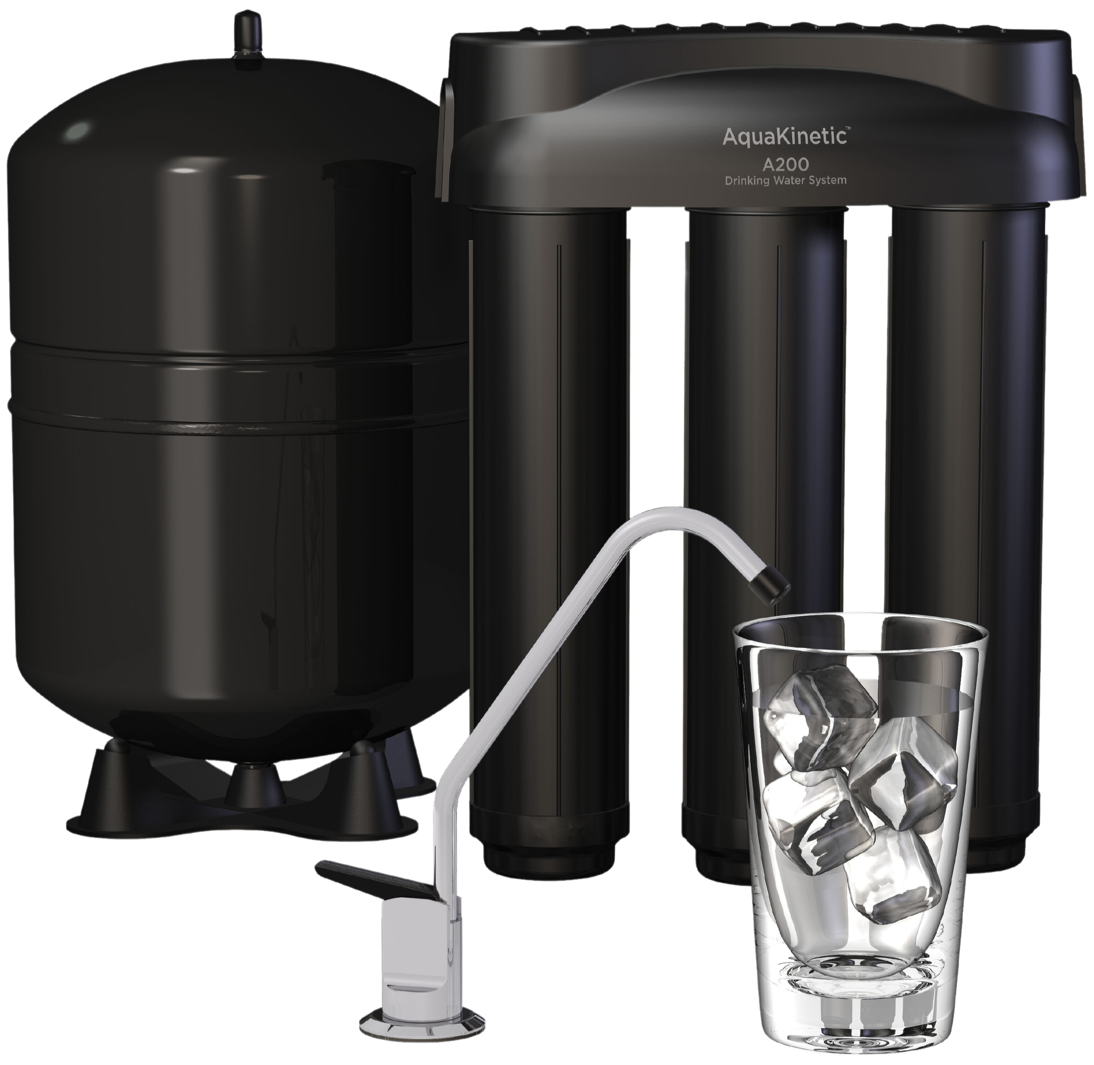 An image of a Kinetico A200 Reverse Osmosis Drinking Water System beside a black water storage tank with a basic faucet and a glass with ice in front.