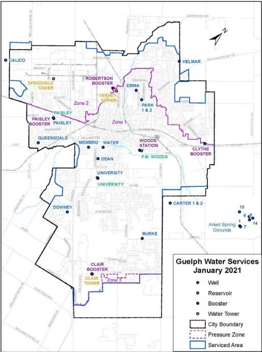 An image of a map of municipal wells found around Guelph, Ontario.