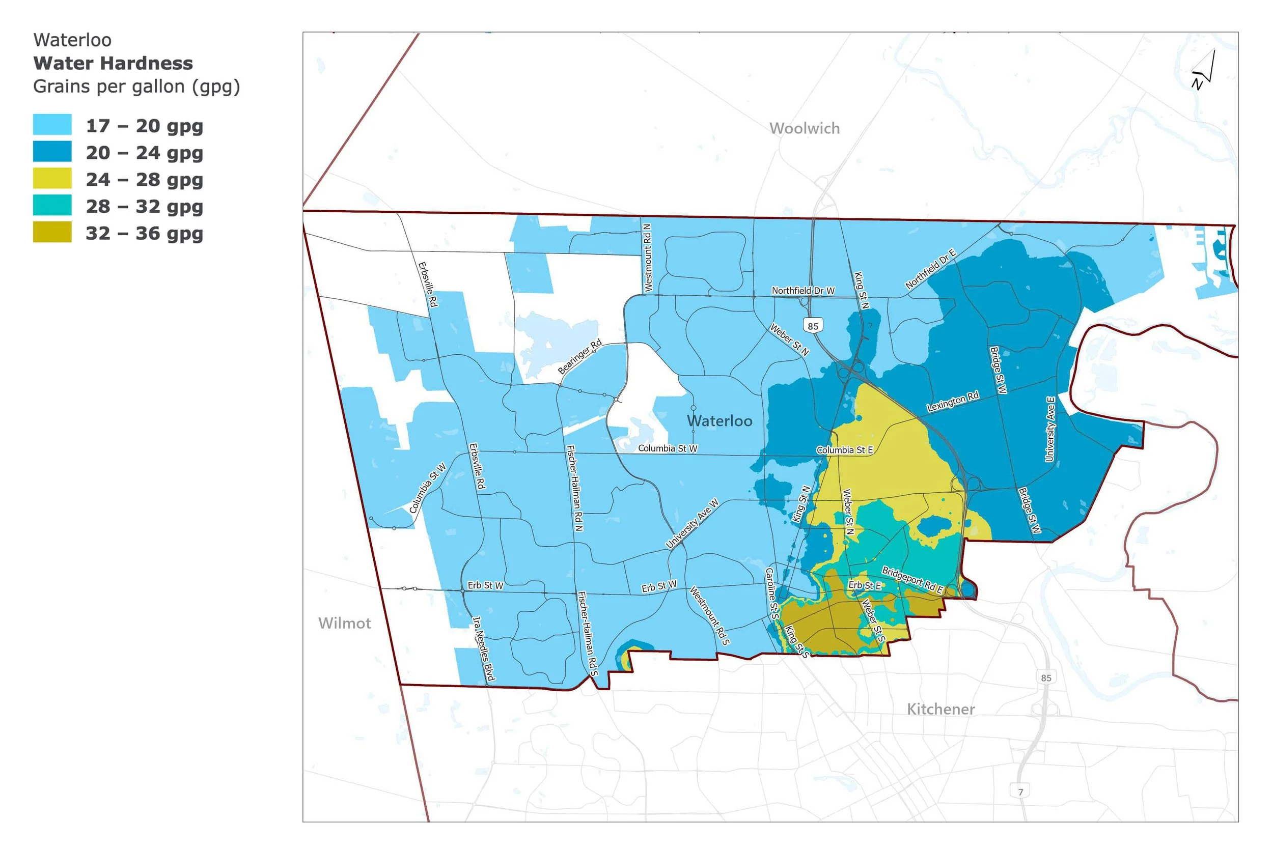 An image of a map of water hardness in Waterloo, Ontario.