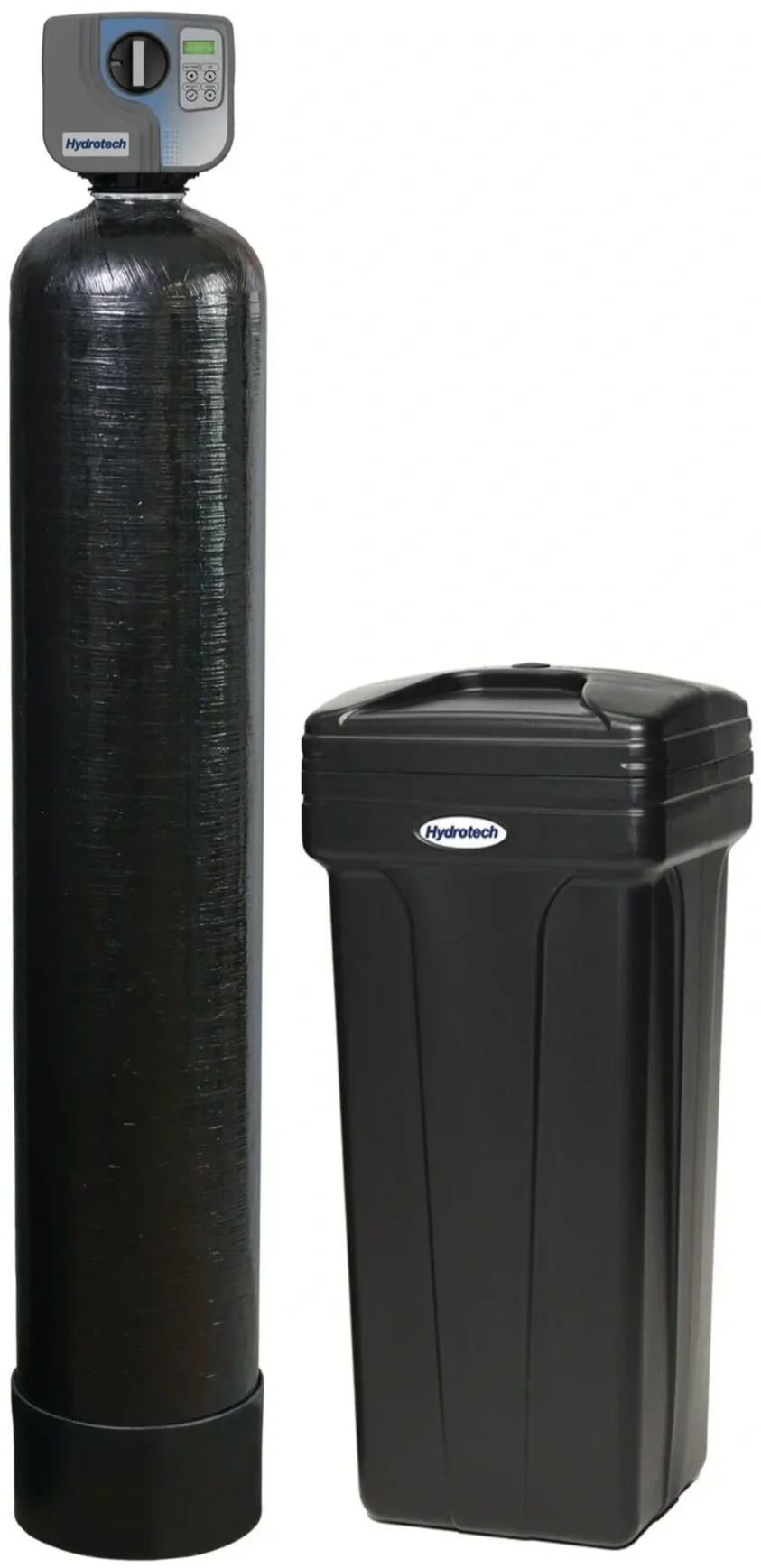 An image of the Hydrotech HT765 Water Softener with a Hydrotech Salt Bin beside it.