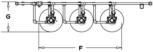 An image showing a diagram in a bird's eye view of three Kinetico Hydrus Series Commercial Water Softener in a triplex unit application format..