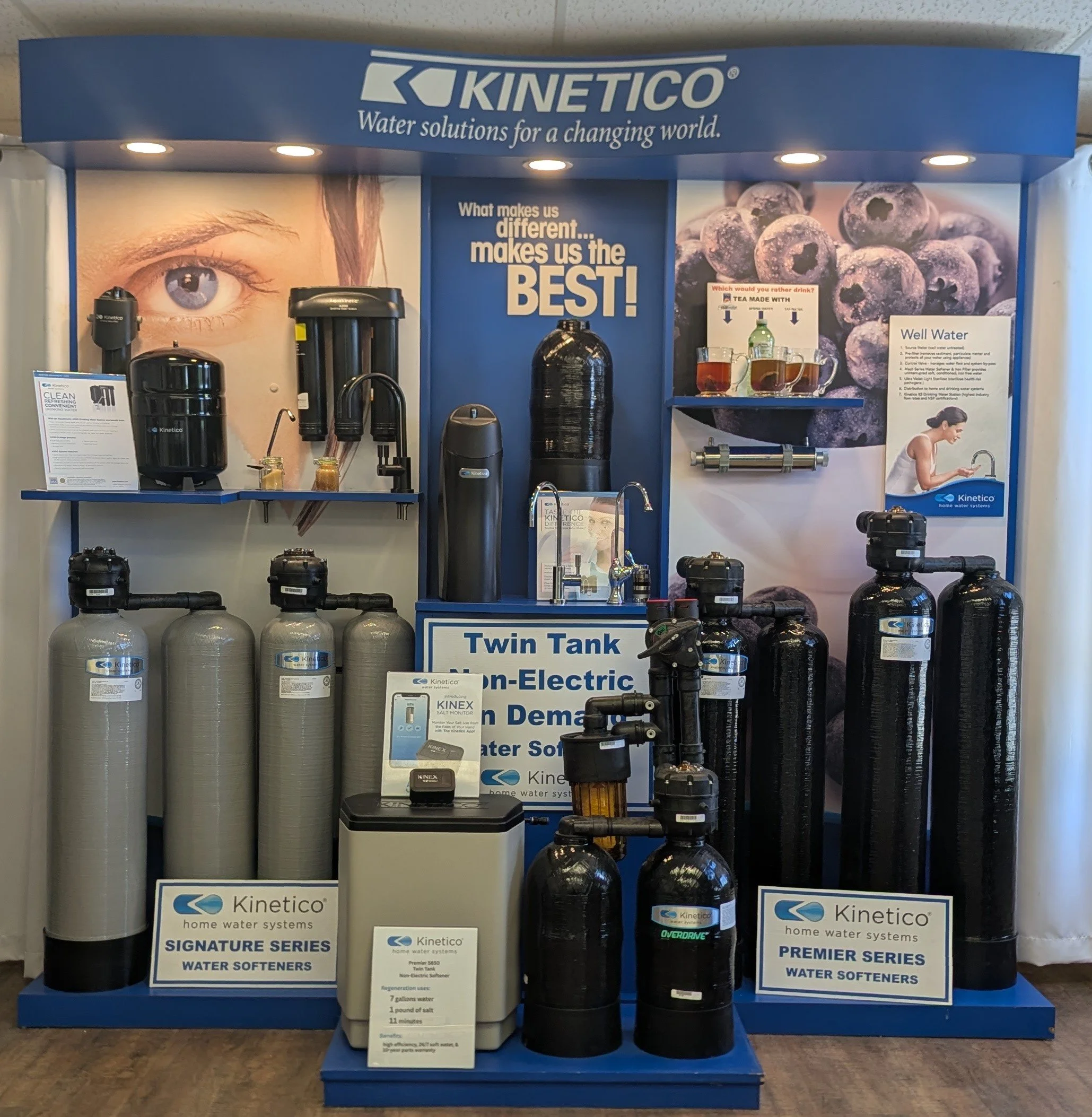 An image of the Kinetico showcase inside the 5 Star Water Solutions office, displaying Kinetico brand Water Softeners, Reverse Osmosis Systems, and Salt Tanks..