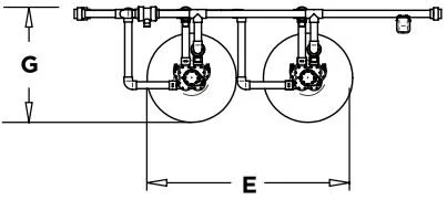 An image showing a diagram in a bird's eye view of two Kinetico Hydrus Series Commercial Water Softener in a duplex unit application format..