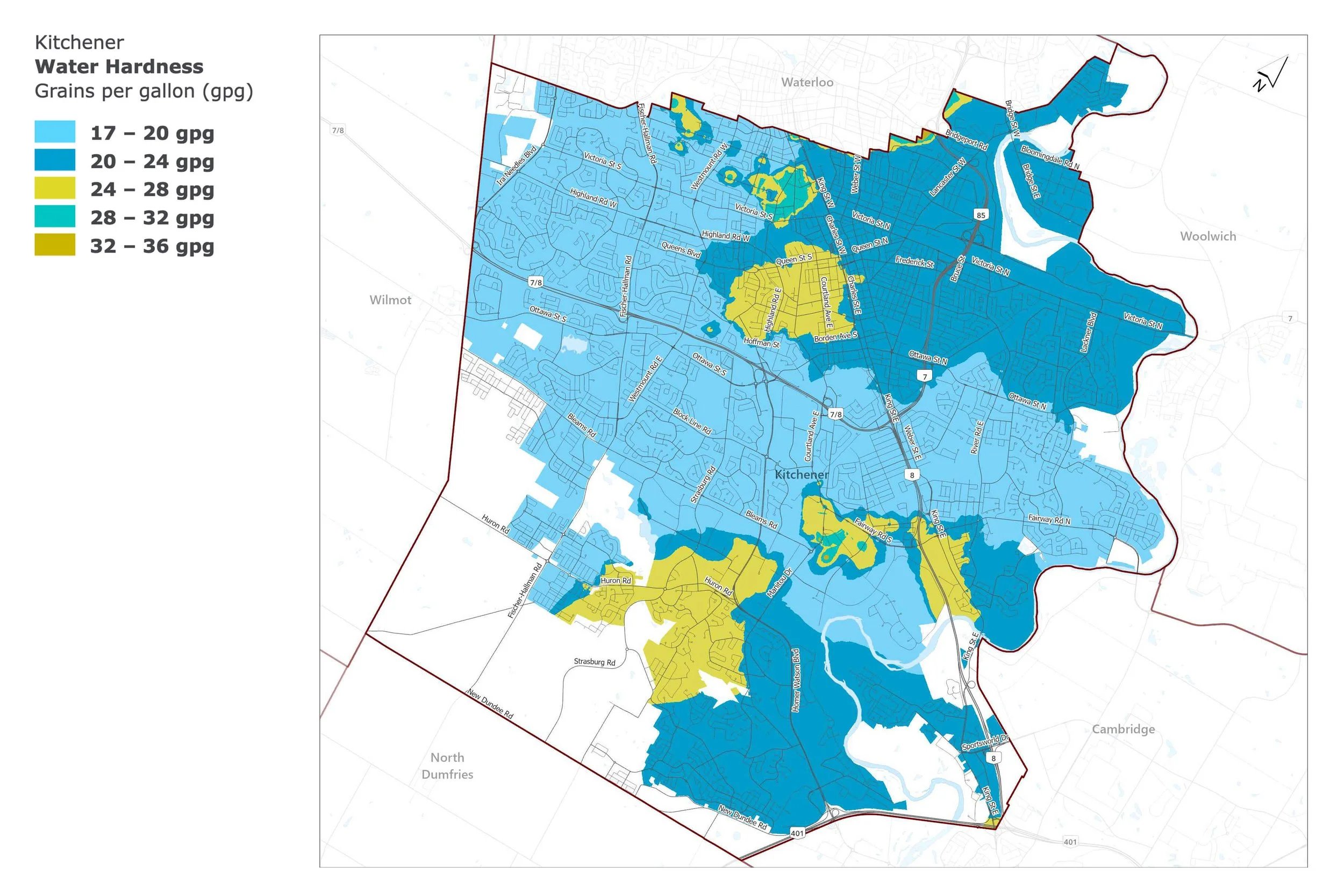 An image of a map of water hardness around Kitchener, Ontario.