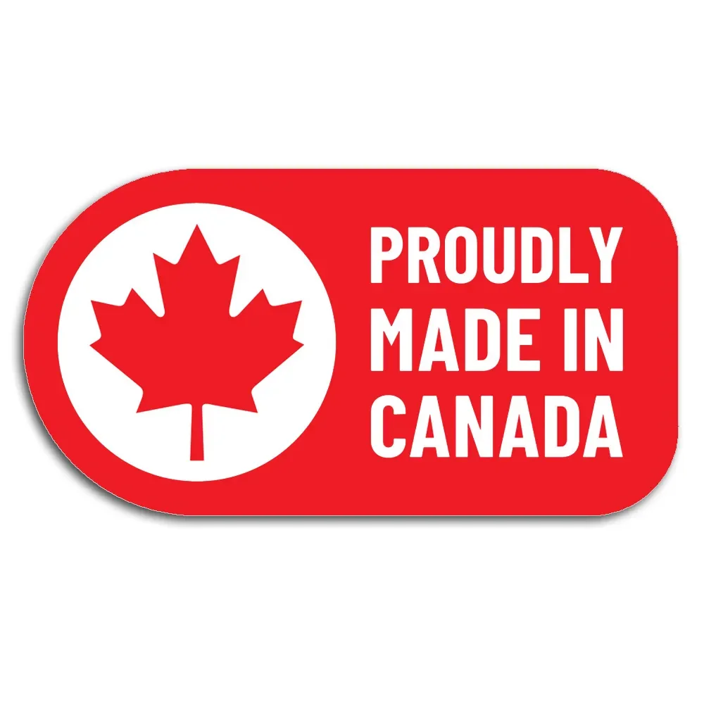 Red label with a white circle featuring a red maple leaf and the text "Proudly Made in Canada" in bold white letters.