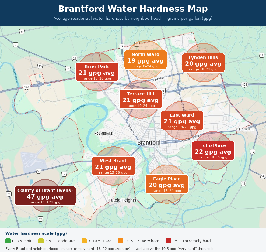 An image of Brantford, Ontario indicating the different levels of water hardness per neighbourhood.