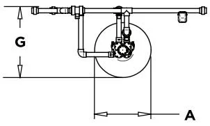 An image showing a diagram in a bird's eye view of the Kinetico Hydrus Series Commercial Water Softener in a single unit application format..