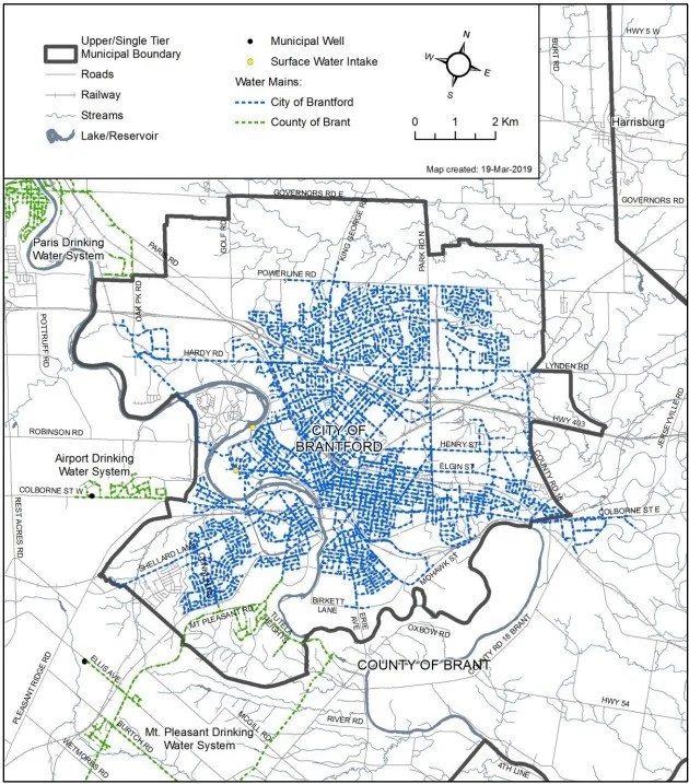 An image of a map of the water sources in Brantford, Ontario.