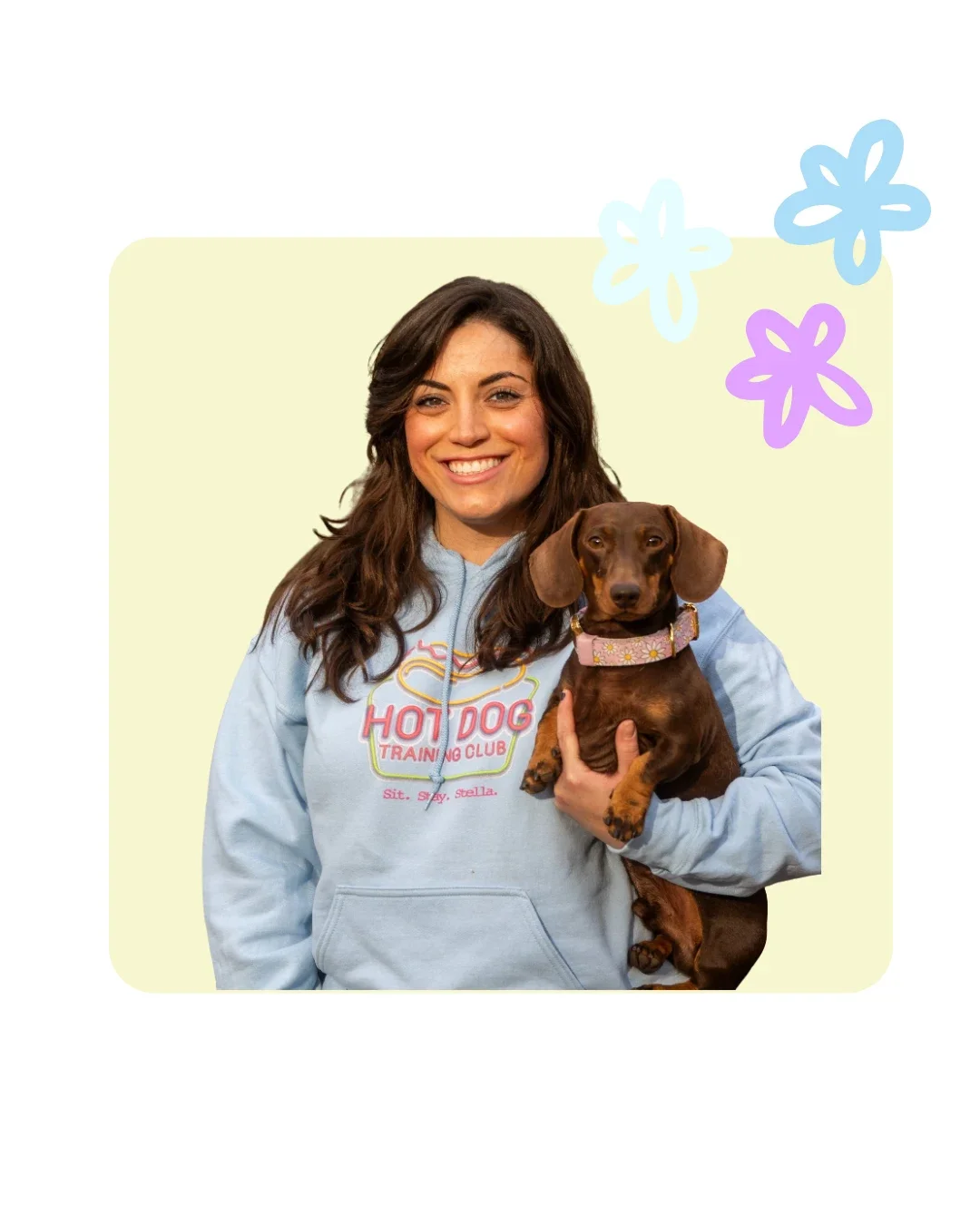 An UWS woman smiling and holding a brown dachshund wearing a pink collar. She is wearing a light blue hoodie with a 'Hot Dog Training Club' logo on it. The background is light green with pastel blue, purple, and yellow butterfly illustrations.