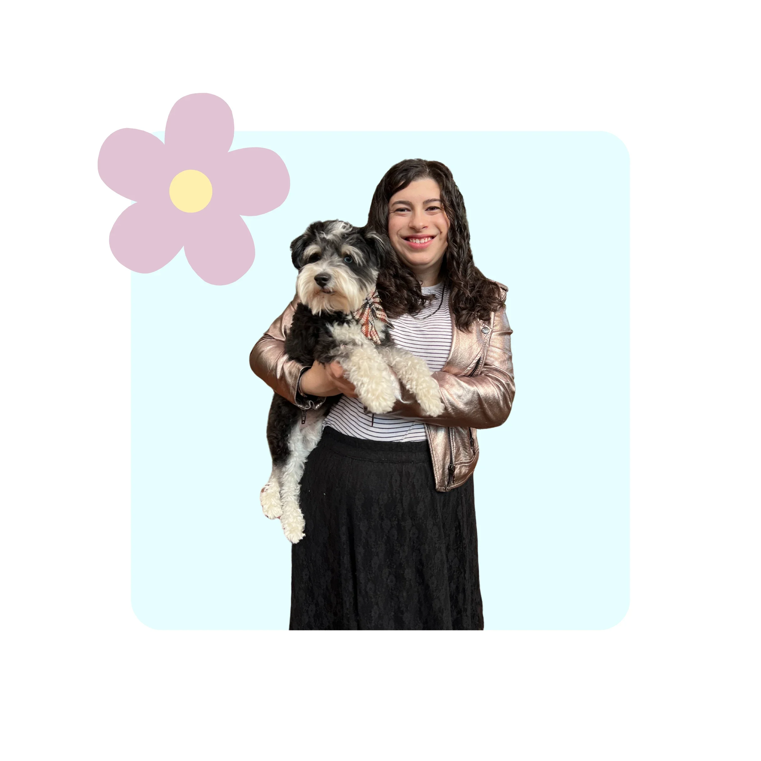 UES dog sitter Hannah, holding a schnauzer and wearing a striped shirt, gold jacket, and long black skirt