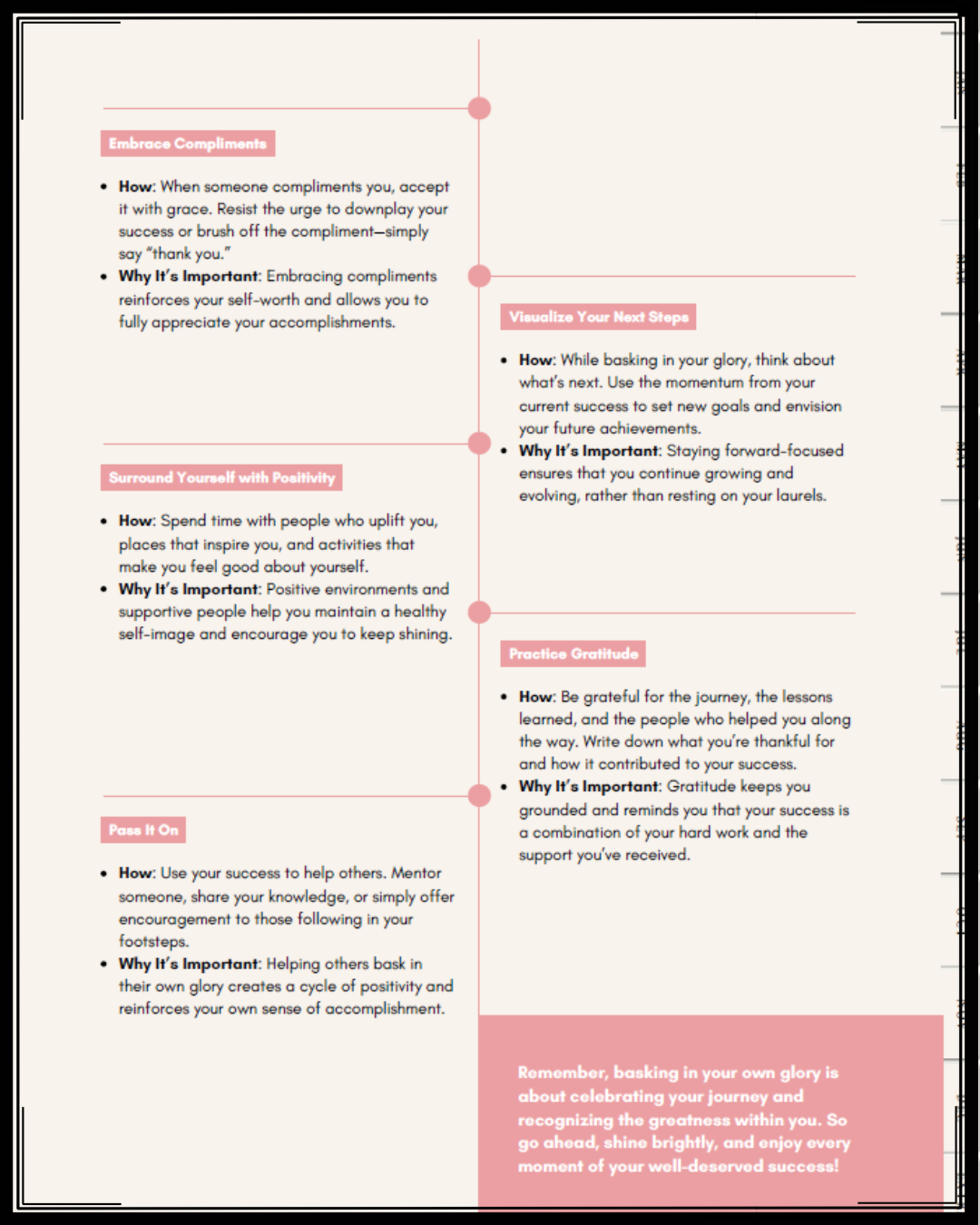 An infographic with tips for self-empowerment, including sections on embracing compliments, surrounding oneself with positivity, passing on success, visualizing future steps, practicing gratitude, and celebrating personal achievements, all highlighte