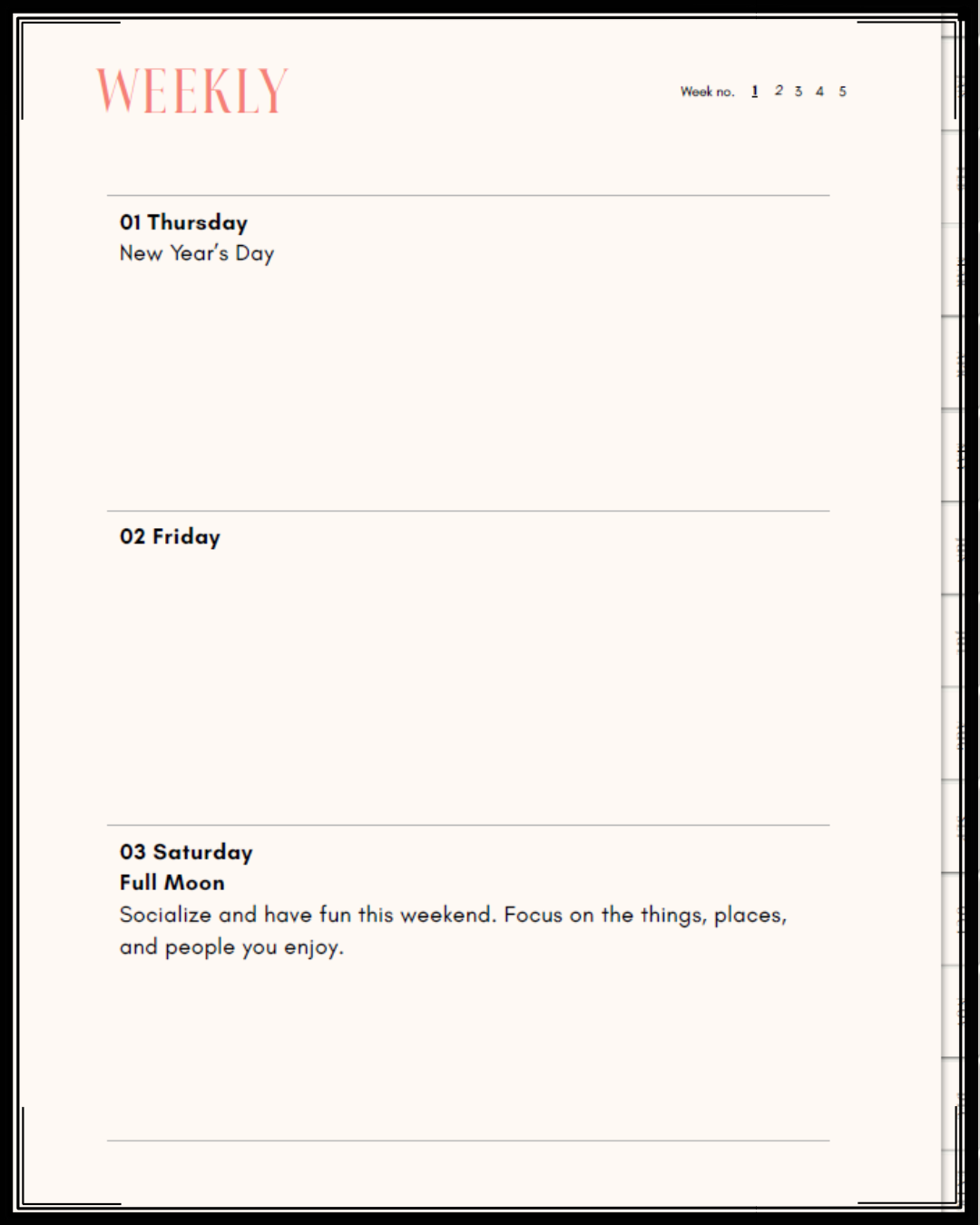 Weekly planner page with dates from Thursday to Saturday, noting New Year's Day, a full moon, and suggestions to socialize and have fun.