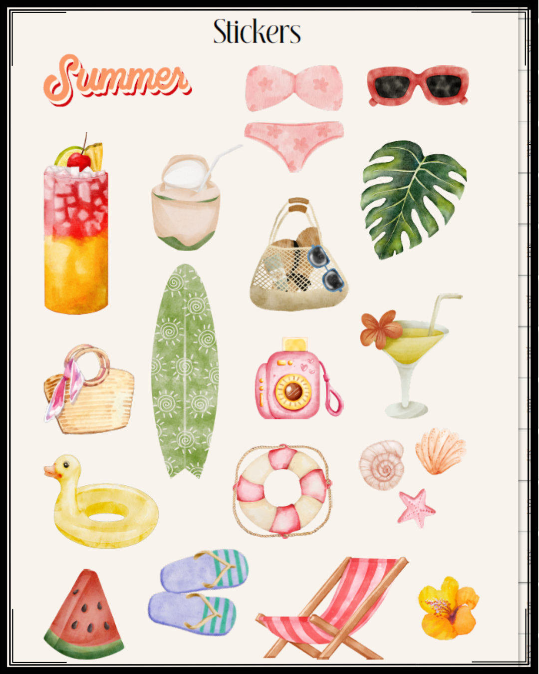 Watercolor-style summer stickers including a tropical drink, coconut with straw, pink bikini, sunglasses, monstera leaf, wicker bag with a scarf, camera, cocktail with flower, yellow duck float, pink and white lifebuoy, watermelon slice, flip-flops, 