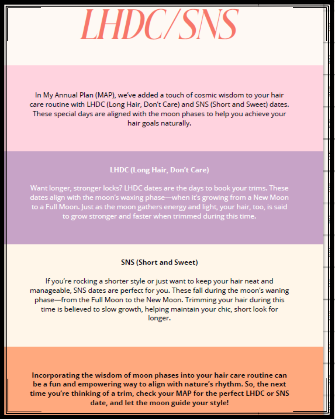 A guide explaining how to align hair care routines with moon phases, including details about Long Hair Don’t Care (LHDC) and Short and Sweet (SNS) dates, with colorful sections in pink, purple, cream, and orange.