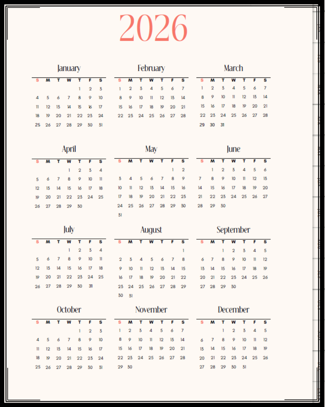 2026 calendar with months from January to December, featuring months' names and dates in grid format.
