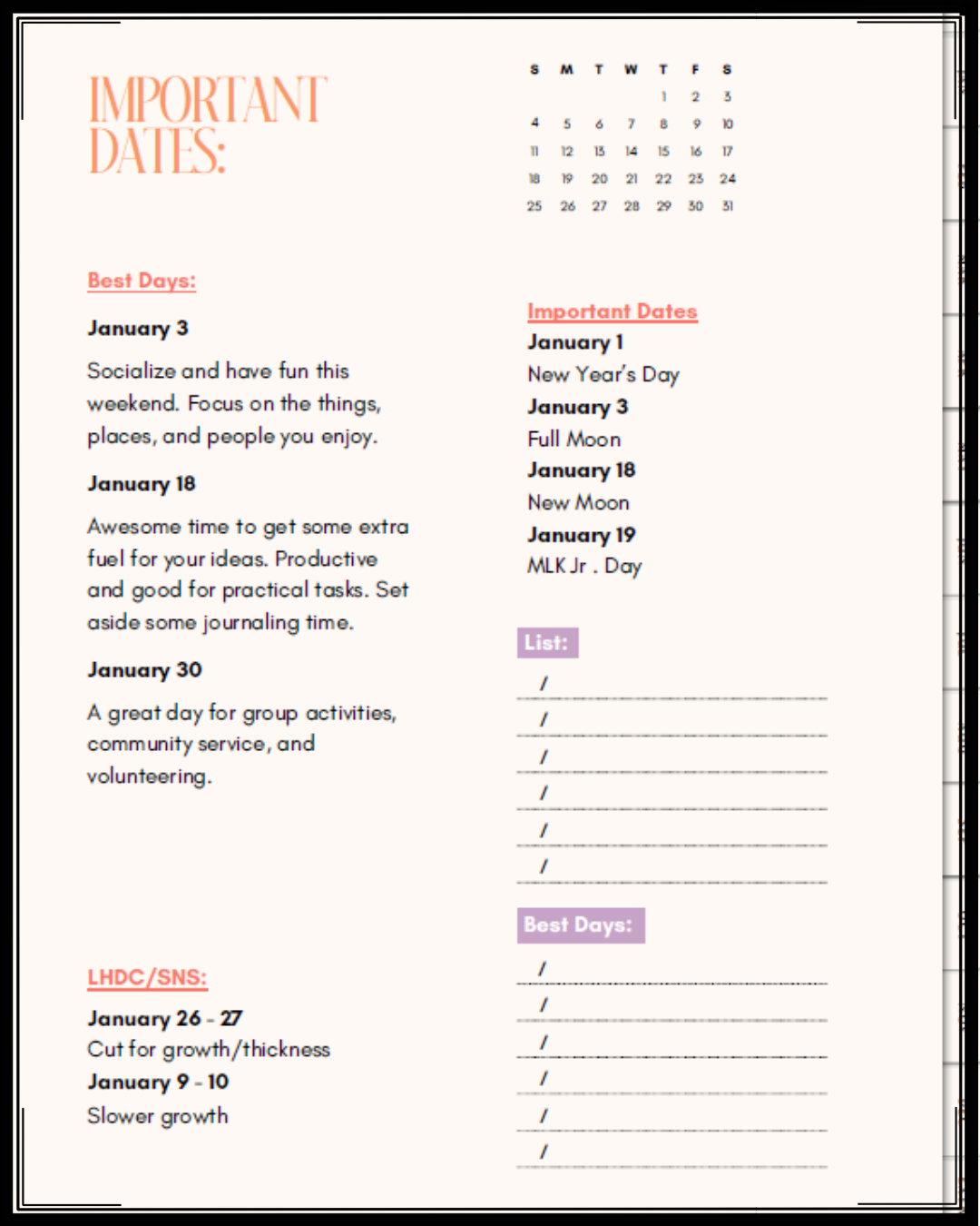 A calendar and list of important dates for January. The calendar shows January days 1-31 with days of the week from Sunday to Saturday. The page highlights important dates such as New Year's Day on January 1, Full Moon on January 3, MLK Jr. Day on Ja