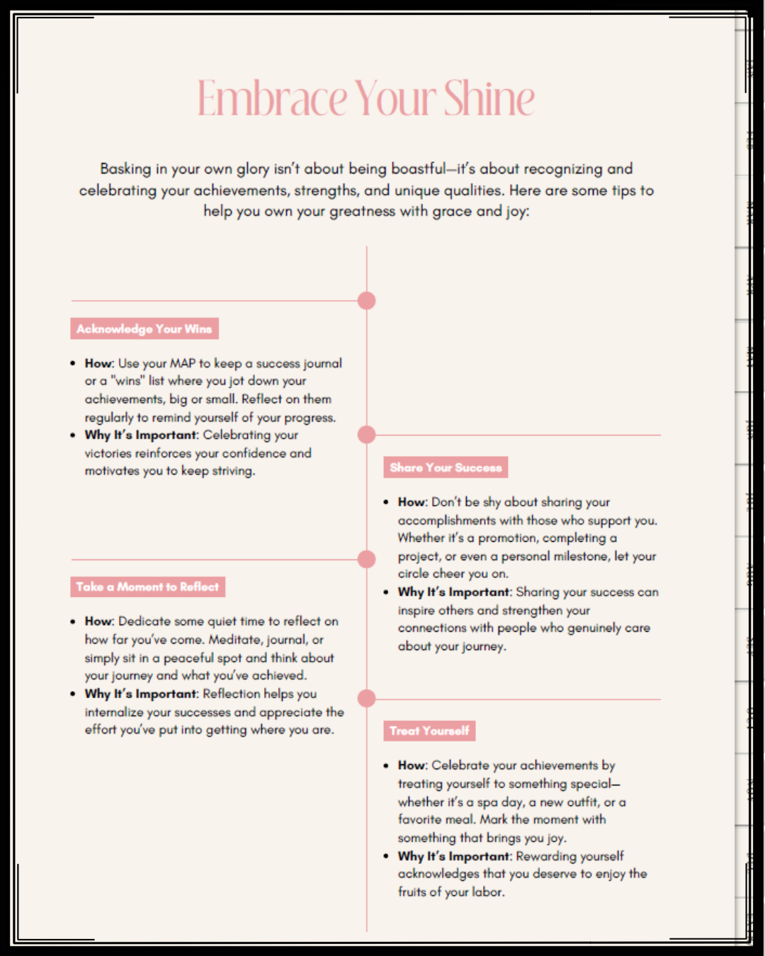 A printed page titled 'Embrace Your Shine' with tips for recognizing and celebrating personal achievements, including sections on acknowledging wins, sharing success, reflecting, and treating oneself, all presented with bullet points and pink headers