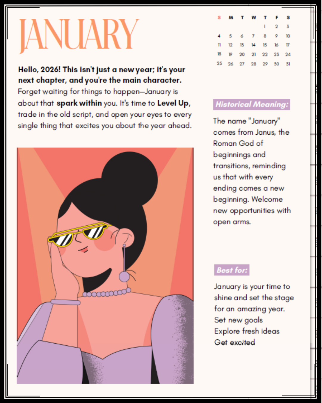 Illustration of a woman with black hair in a bun wearing sunglasses with yellow frames, earrings, and a purple dress with matching accessories, against a background with geometric shapes.