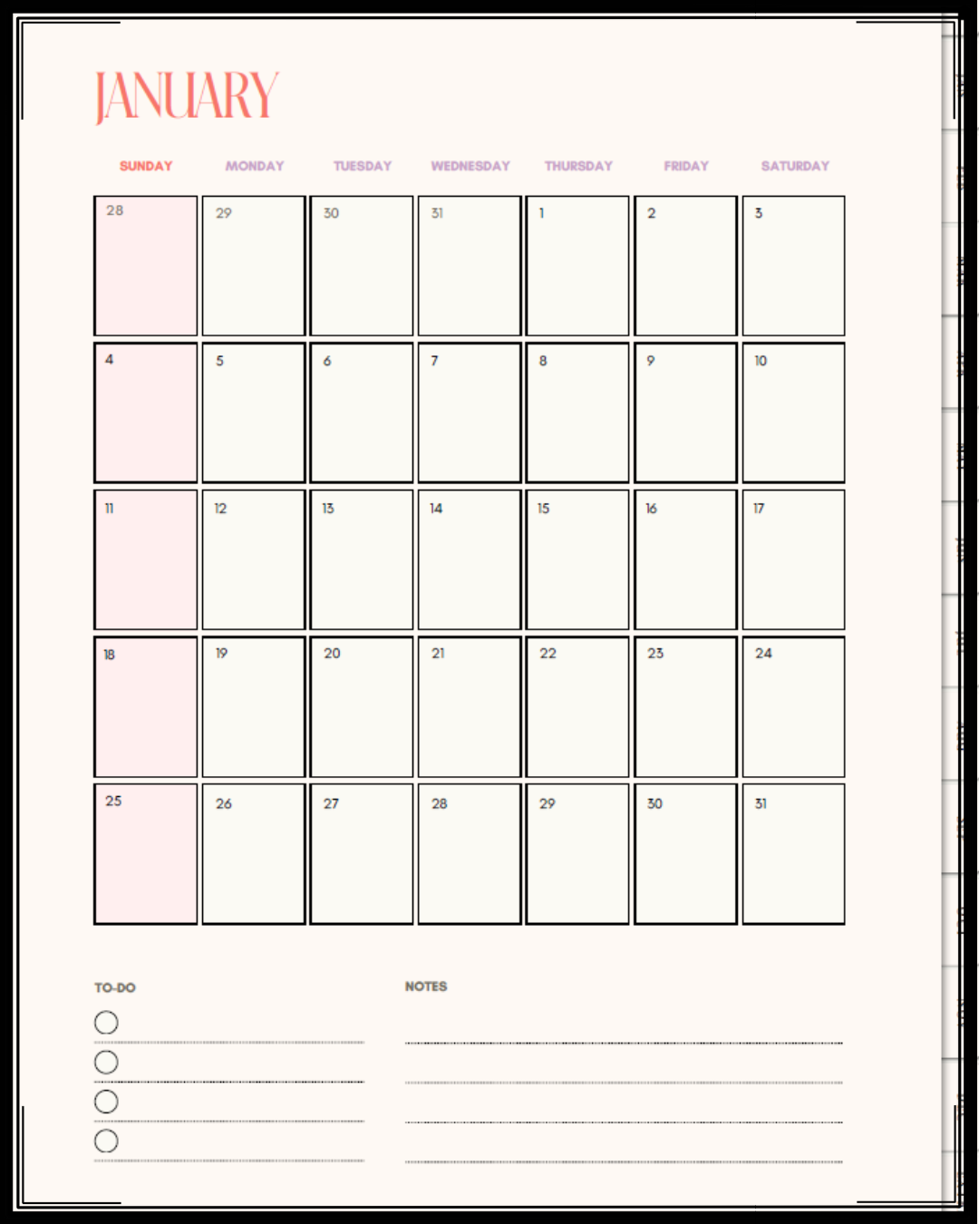 January calendar page with days and dates for each day, month name at top, and to-do and notes sections at the bottom.