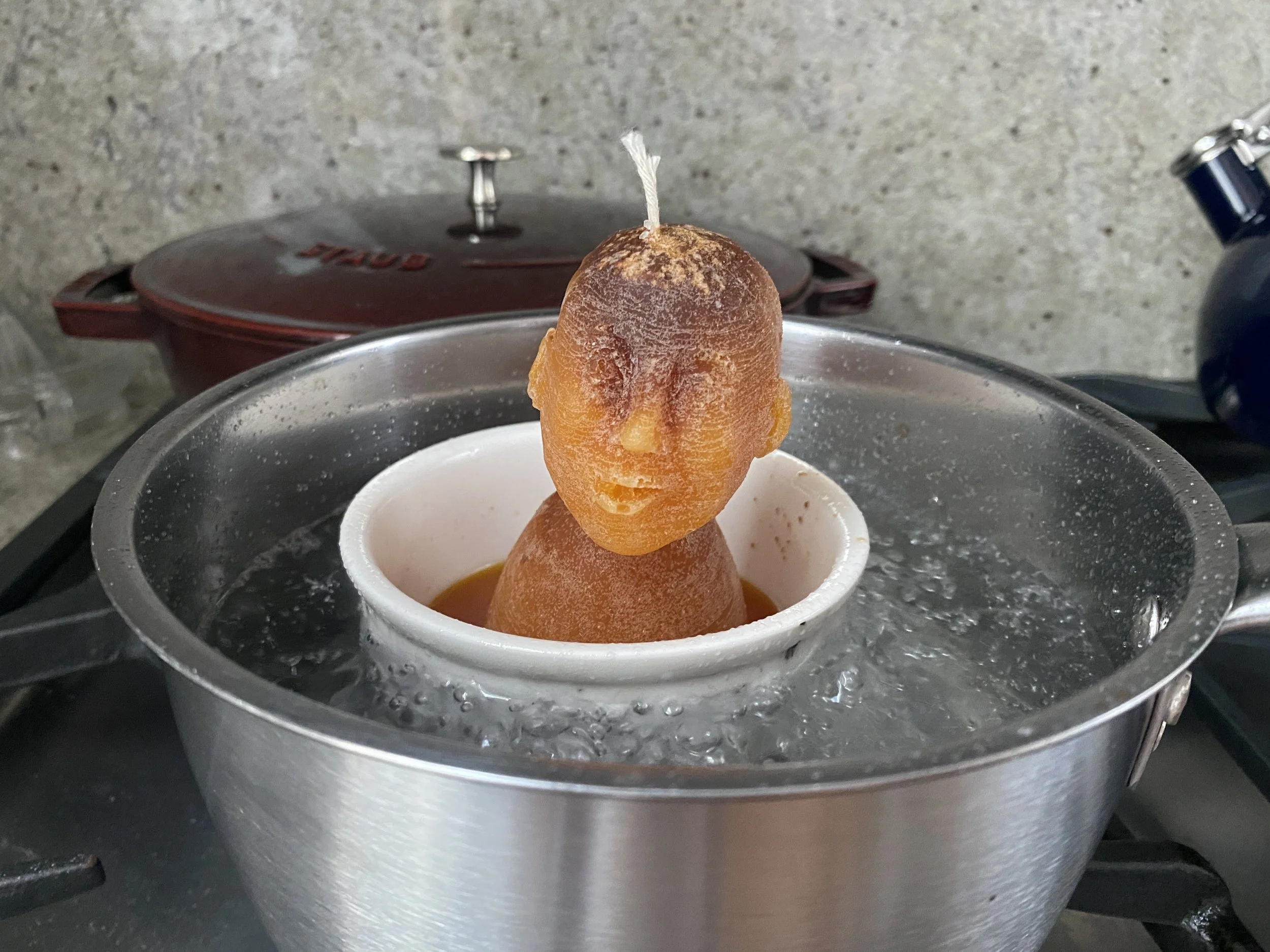 September 13, 2023 - I ran out of wax and needed to do a test cast to remind myself what an older mold was.  This early Toothy Goober experiment made the ultimate sacrifice. 