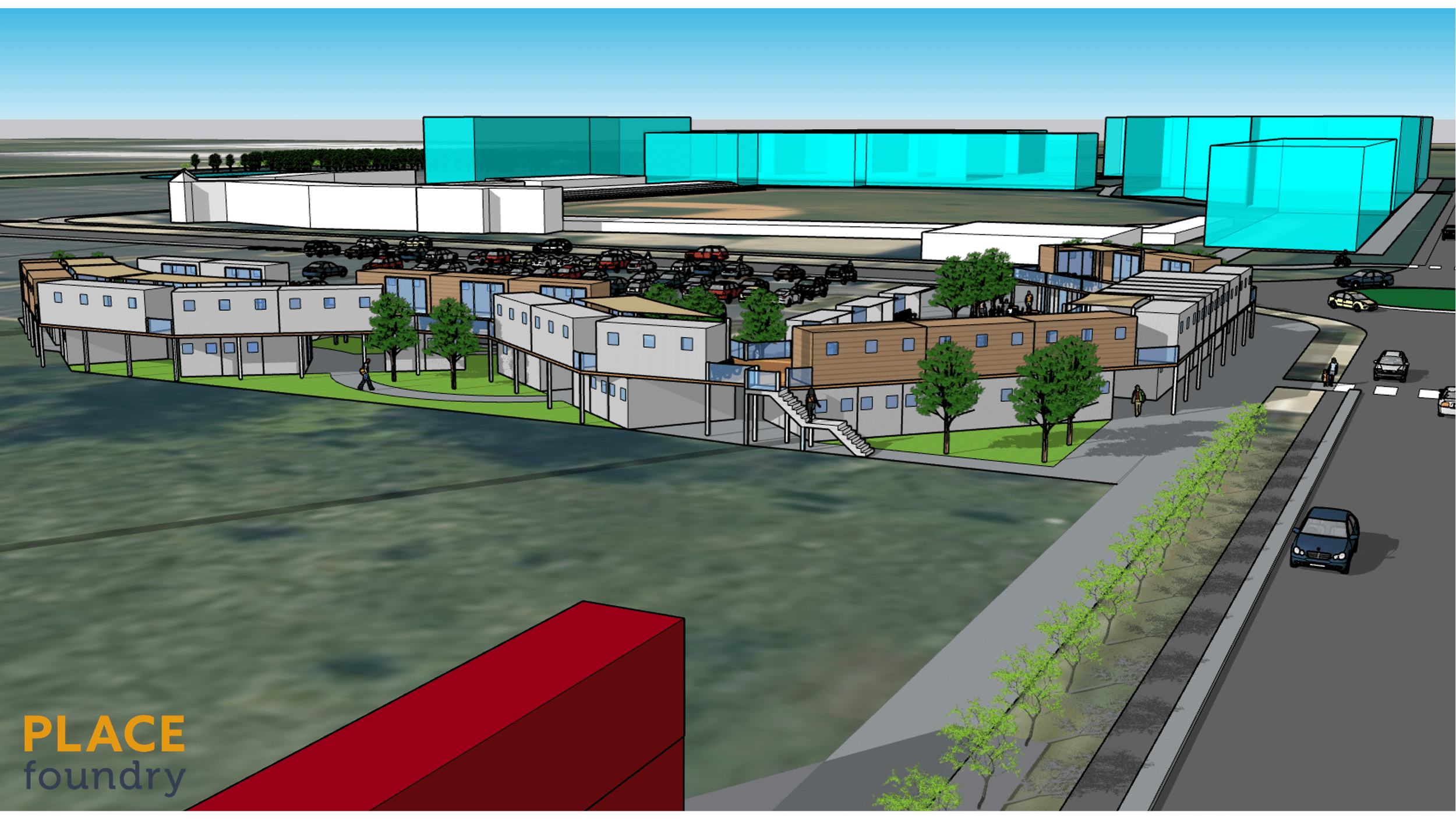 This artist rendering of a future box market shows how the space south of Rivets Stadium could be used.