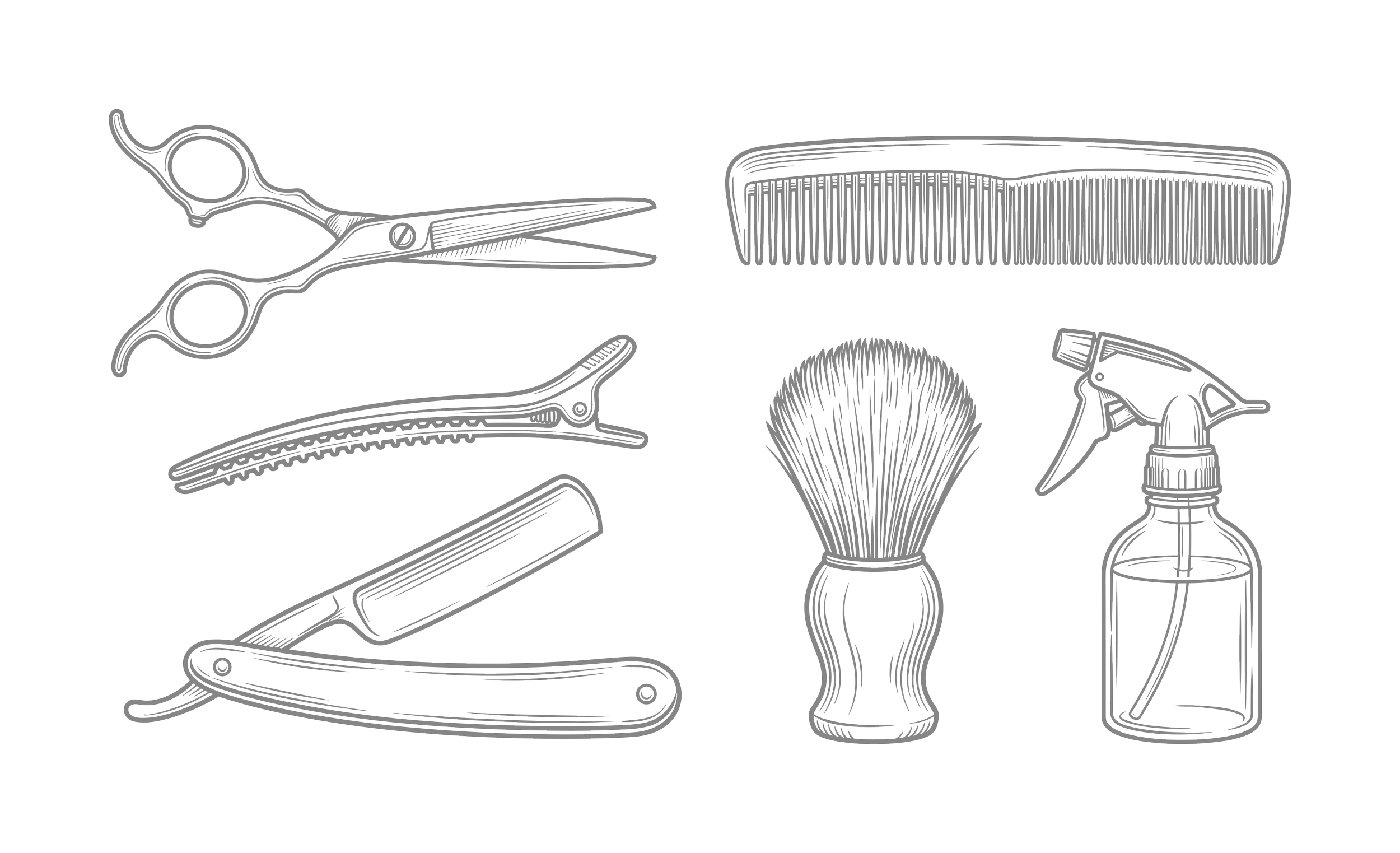 Line drawing of hairdressing tools including scissors, a comb, cutting shears, a razors, a shaving brush, and a spray bottle.